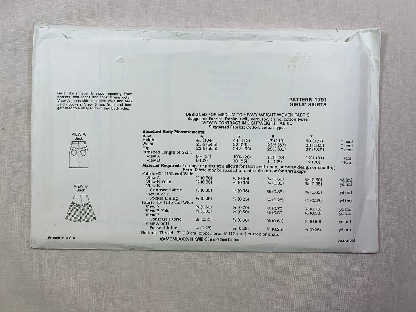 KWIK 1791 Girls' Skirts, Size 4-14, Uncut, Vintage 1988