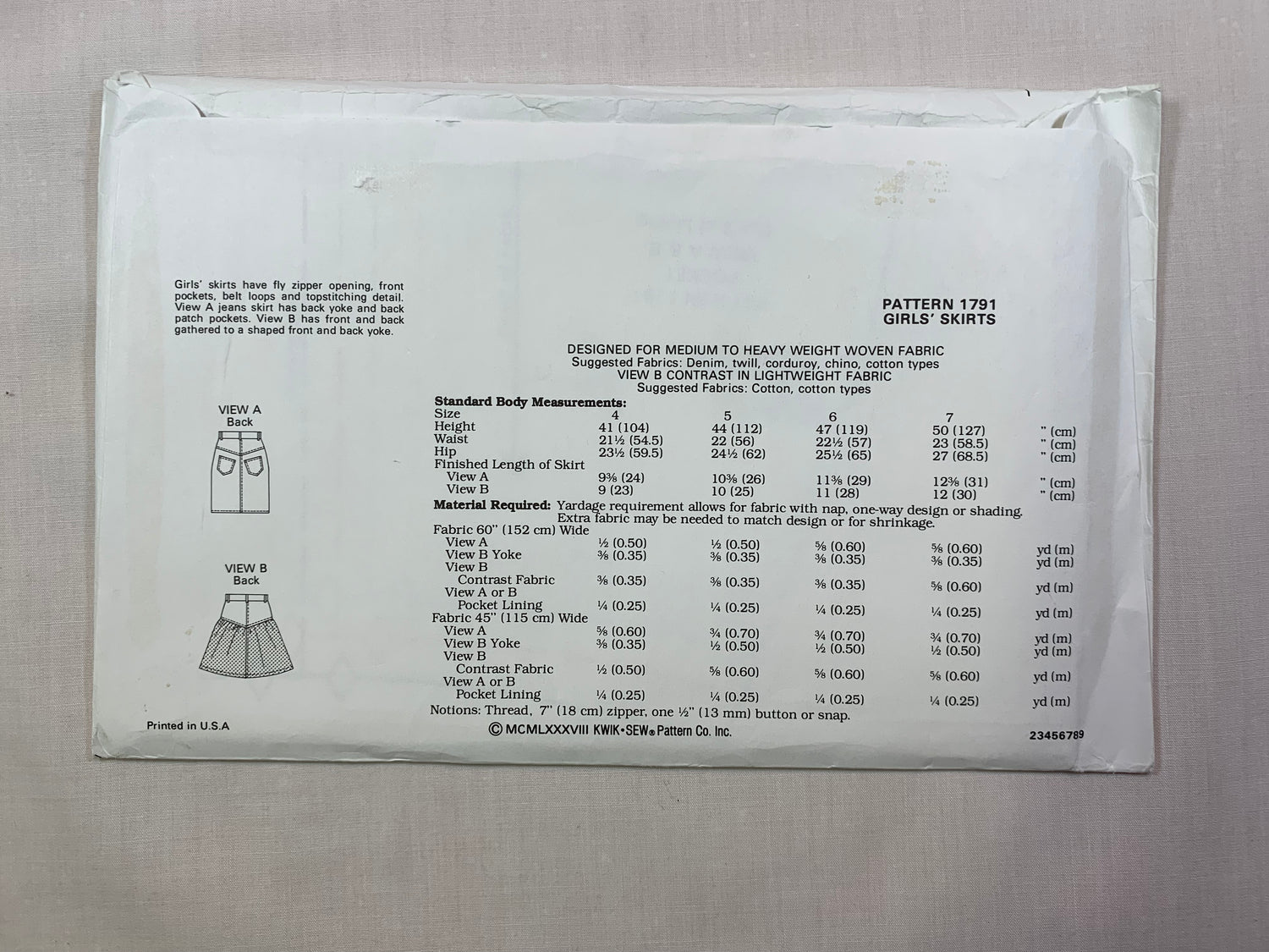 KWIK 1791 Girls' Skirts, Size 4-14, Uncut, Vintage 1988