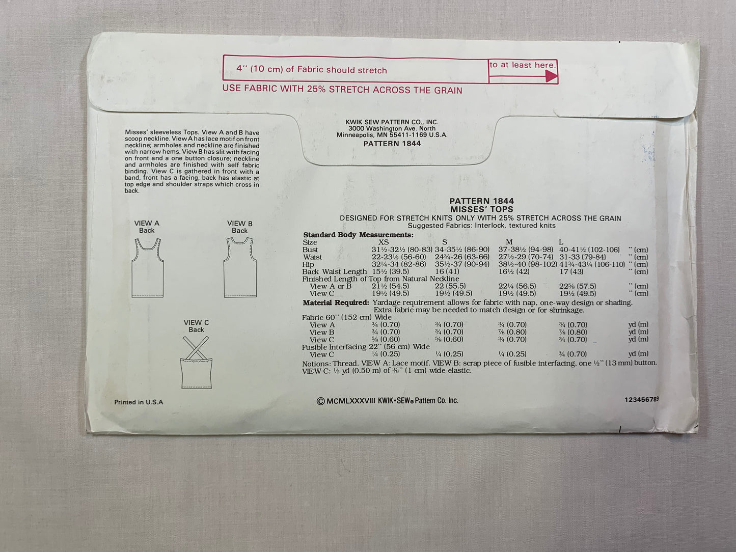 KWIK 1844 Misses' Tops, Size XS-L, Uncut, Vintage 1988