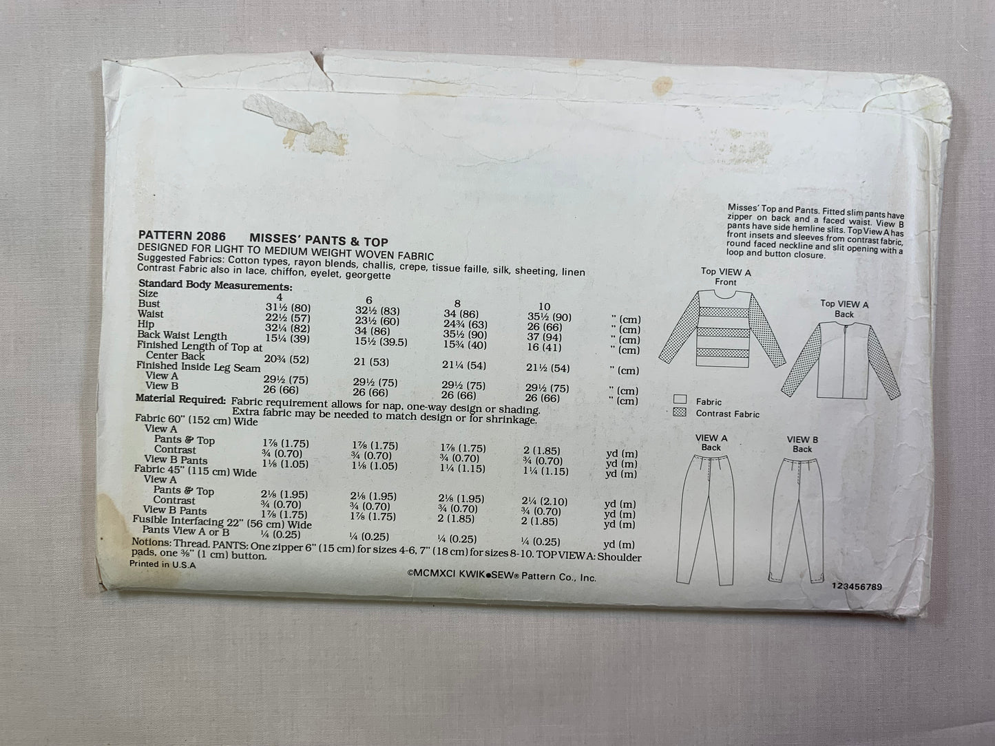 KWIK 2086 Misses' Tops, Pants, Size 4-8, Cut, Vintage 1991