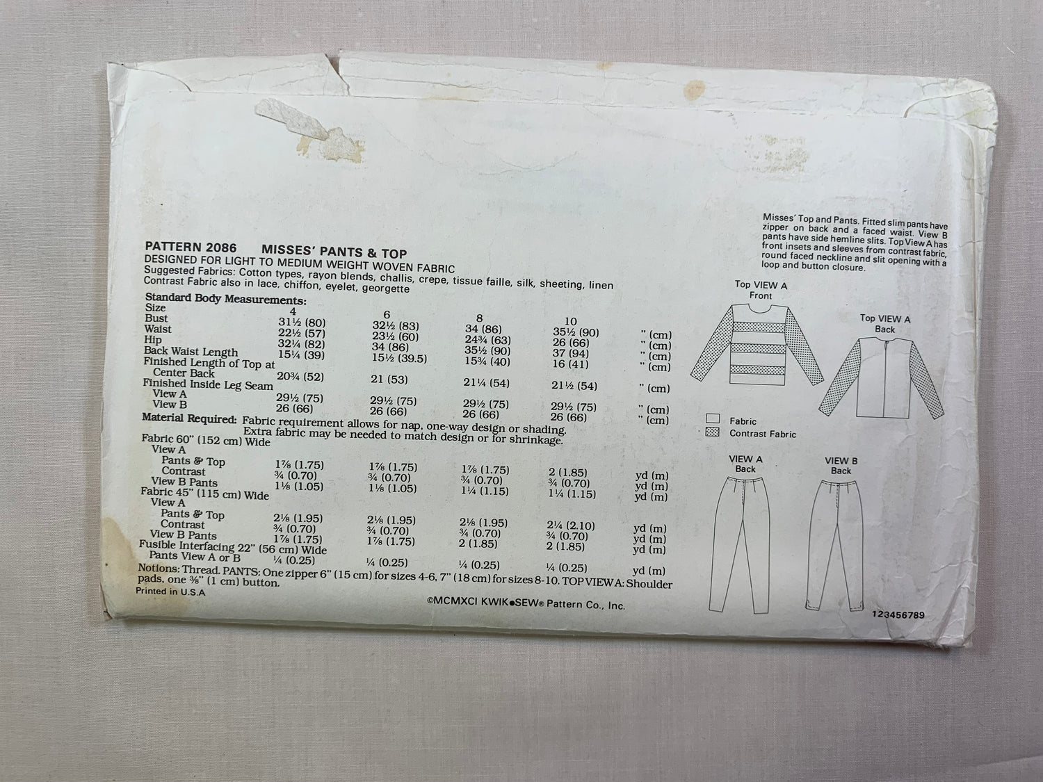 KWIK 2086 Misses' Tops, Pants, Size 4-10, Cut, Vintage 1991