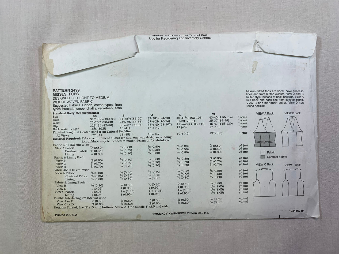 KWIK 2499 Misses' Tops, Size XS-S, Cut, Vintage 1995