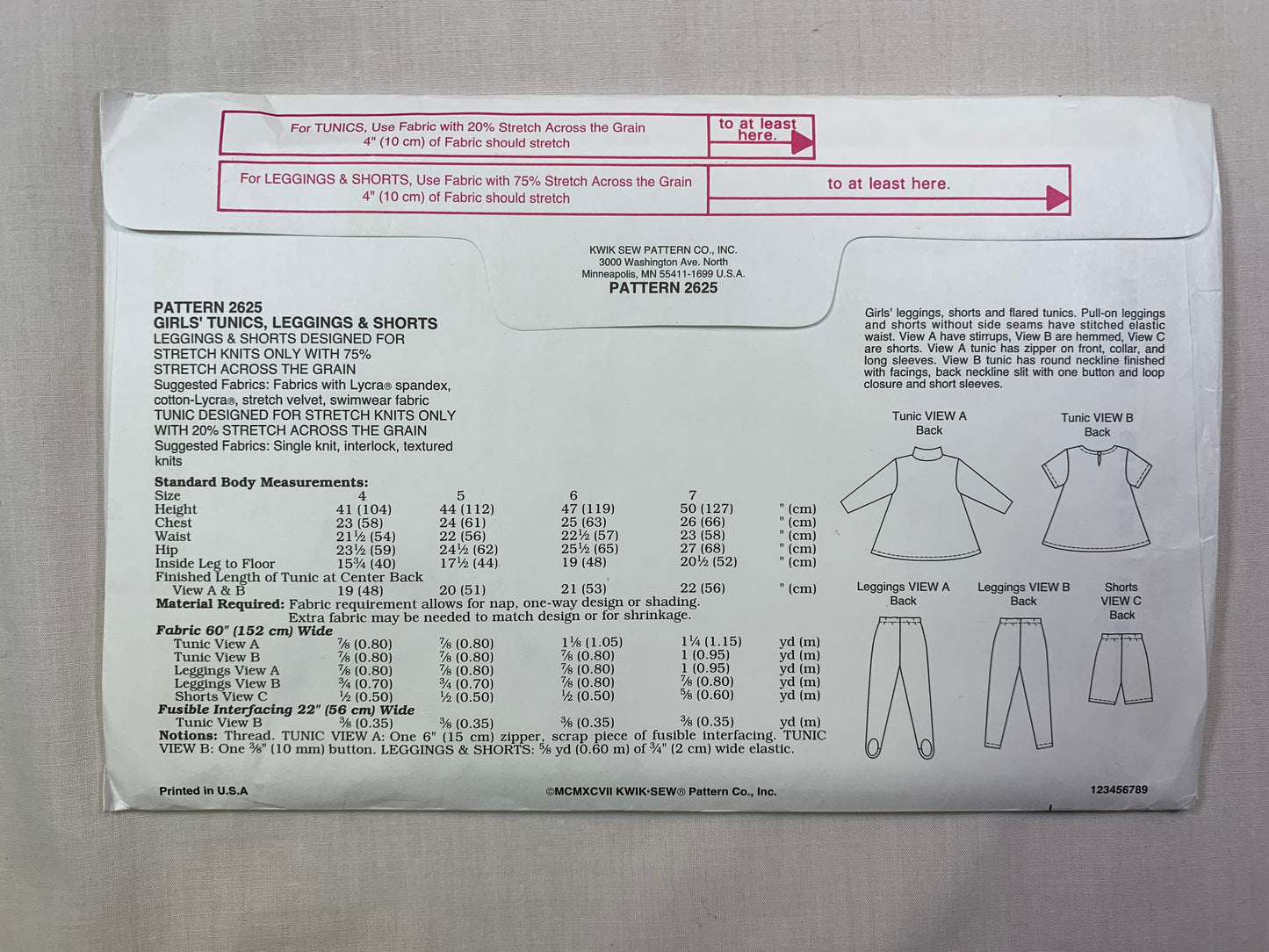 KWIK 2625 Girls' Tunic, Leggings, Shorts, Size 4-7, Uncut, Vintage 1997