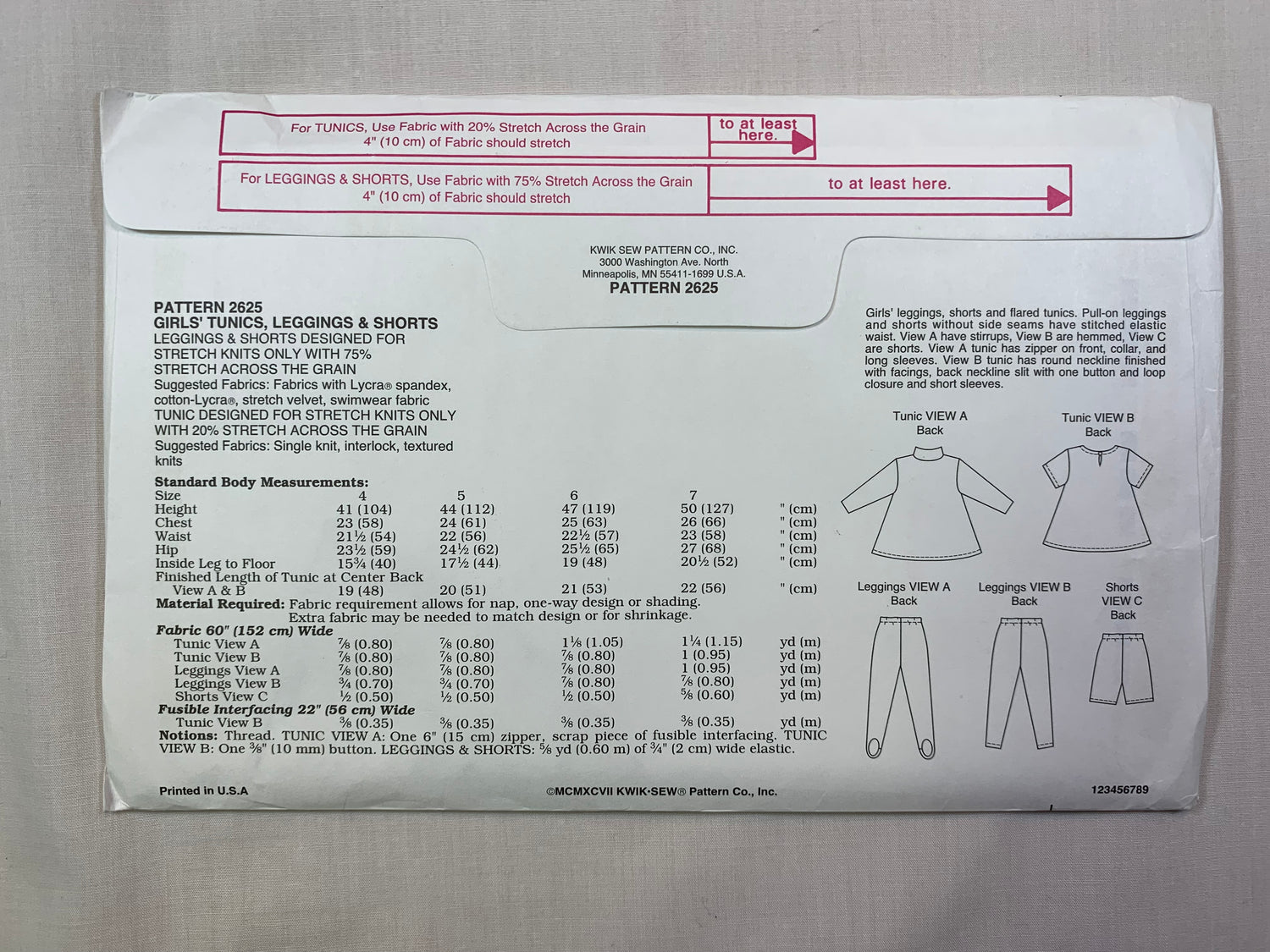 KWIK 2625 Girls' Tunic, Leggings, Shorts, Size 4-7, Uncut, Vintage 1997