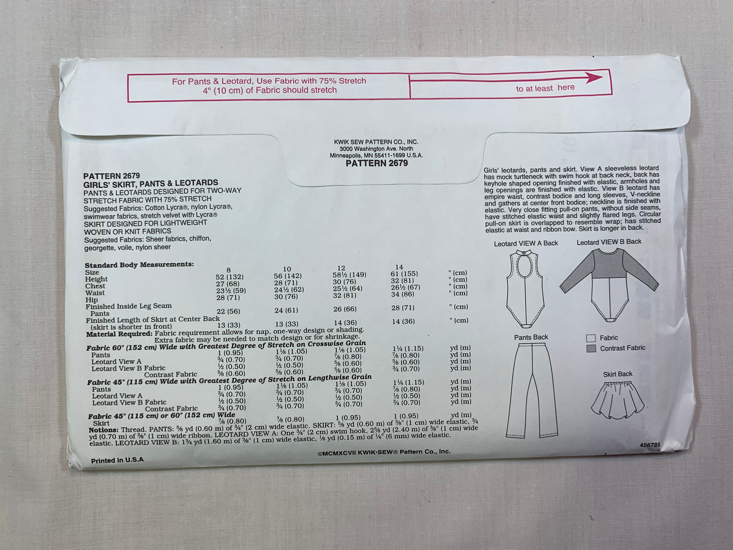 KWIK 2679 Girls' Skirt, Pants, Leotards, Size 8-14, Uncut, Vintage 1997