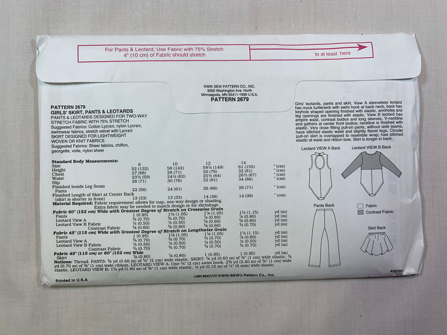KWIK 2679 Girls' Skirt, Pants, Leotards, Size 8-14, Uncut, Vintage 1997
