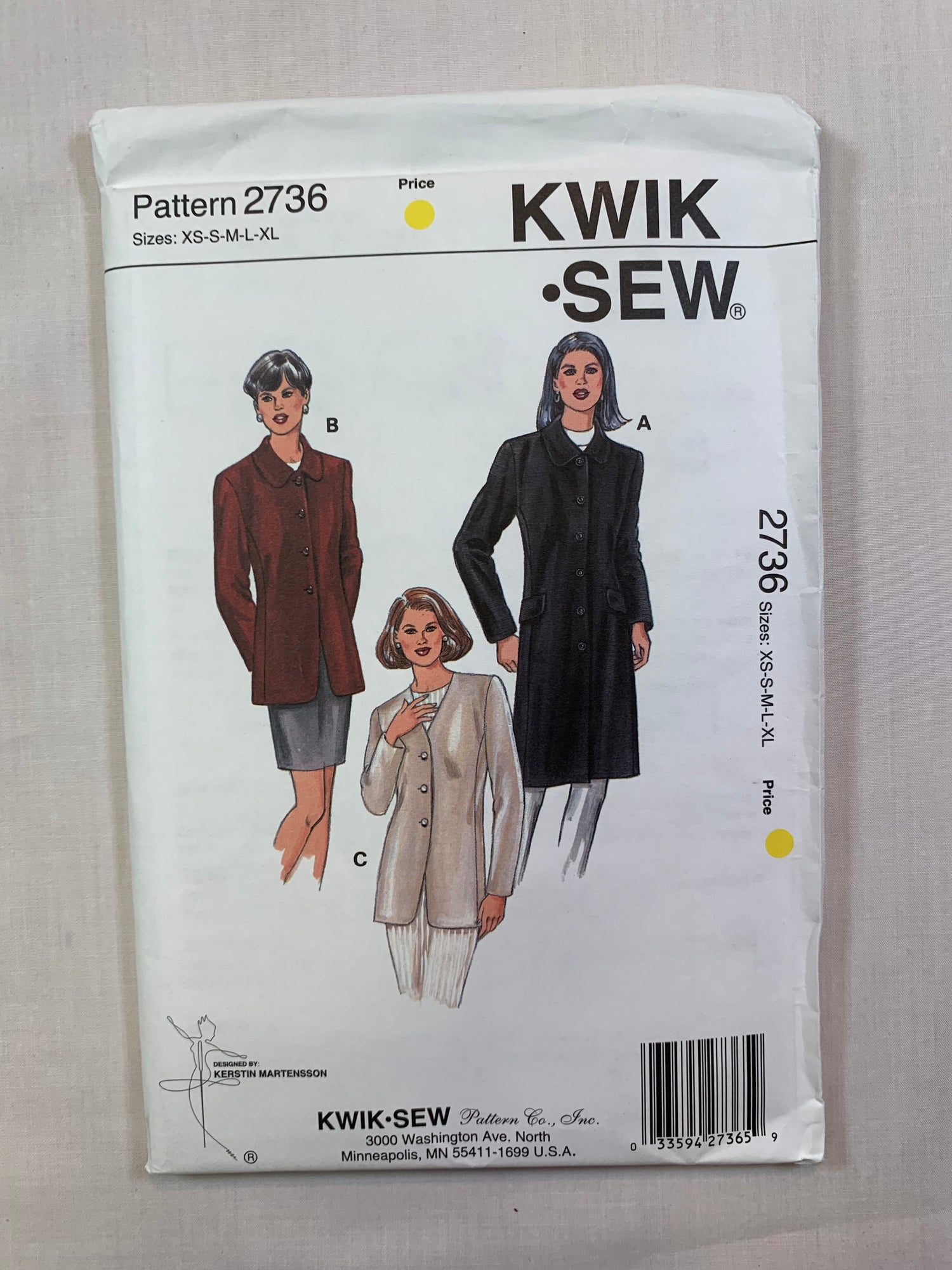 KWIK Sewing Pattern 2736 Misses' Jackets, Semi-Fitted, Shoulder Pads, Collar, Pocket, Size XS-XL, Uncut, Vintage 1998