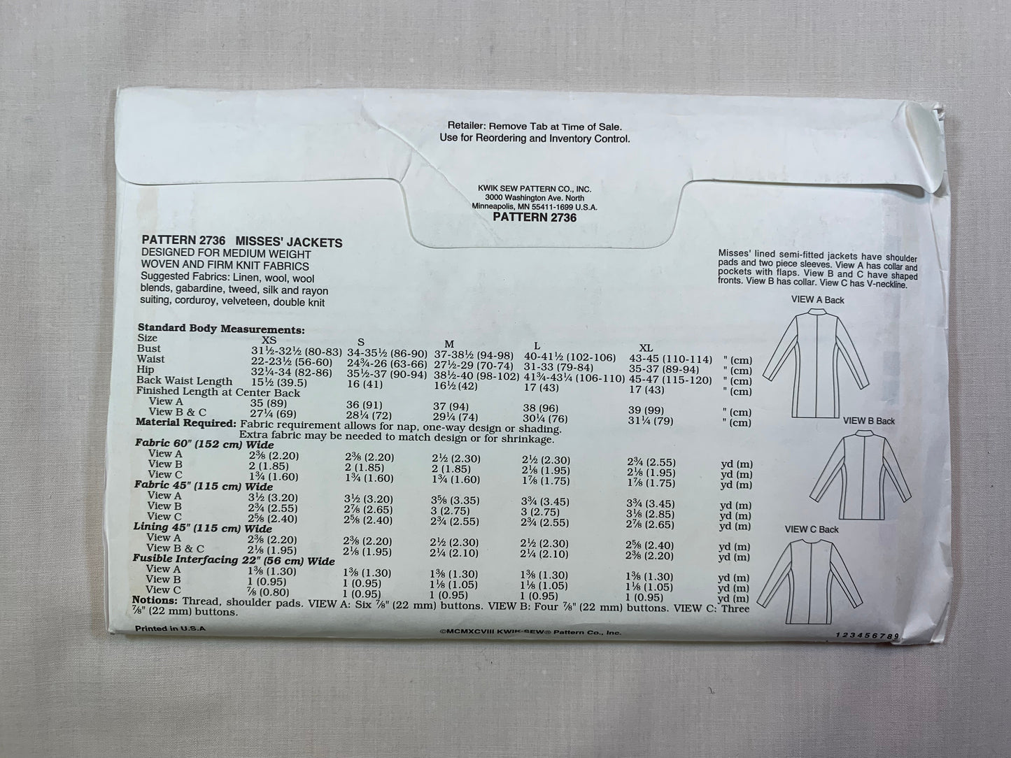 KWIK Sewing Pattern 2736 Misses' Jackets, Semi-Fitted, Shoulder Pads, Collar, Pocket, Size XS-XL, Uncut, Vintage 1998
