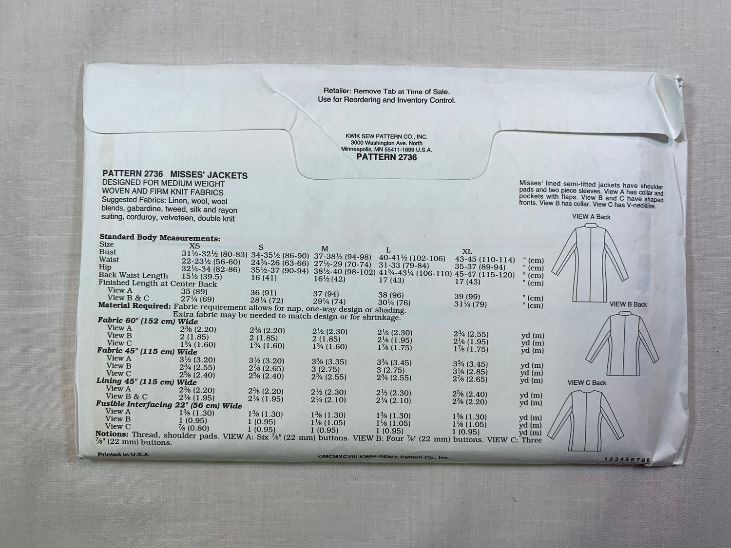 KWIK Sewing Pattern 2736 Misses' Jackets, Semi-Fitted, Shoulder Pads, Collar, Pocket, Size XS-XL, Uncut, Vintage 1998