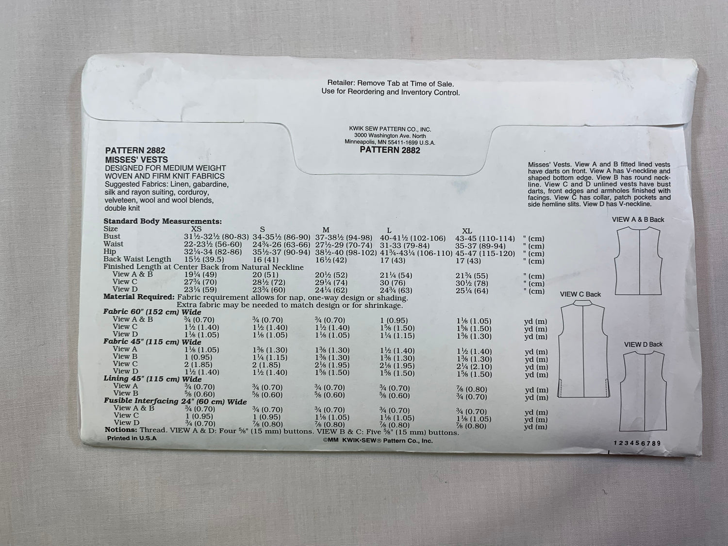 KWIK 2882 Misses' Vests, Size XS-XL, Uncut, 2000