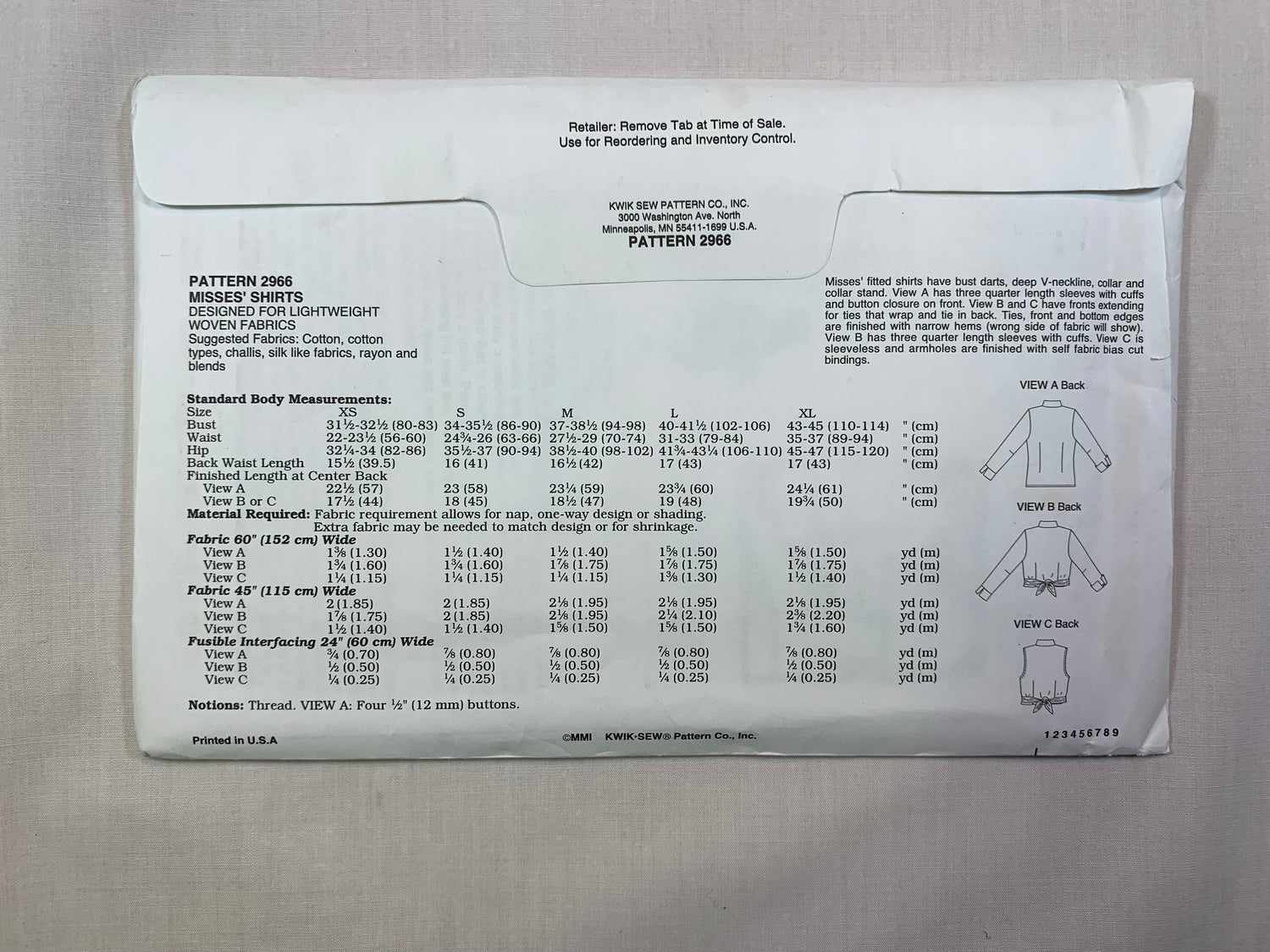 KWIK 2966 Misses' Shirts, Size XS-L, Uncut, 2001