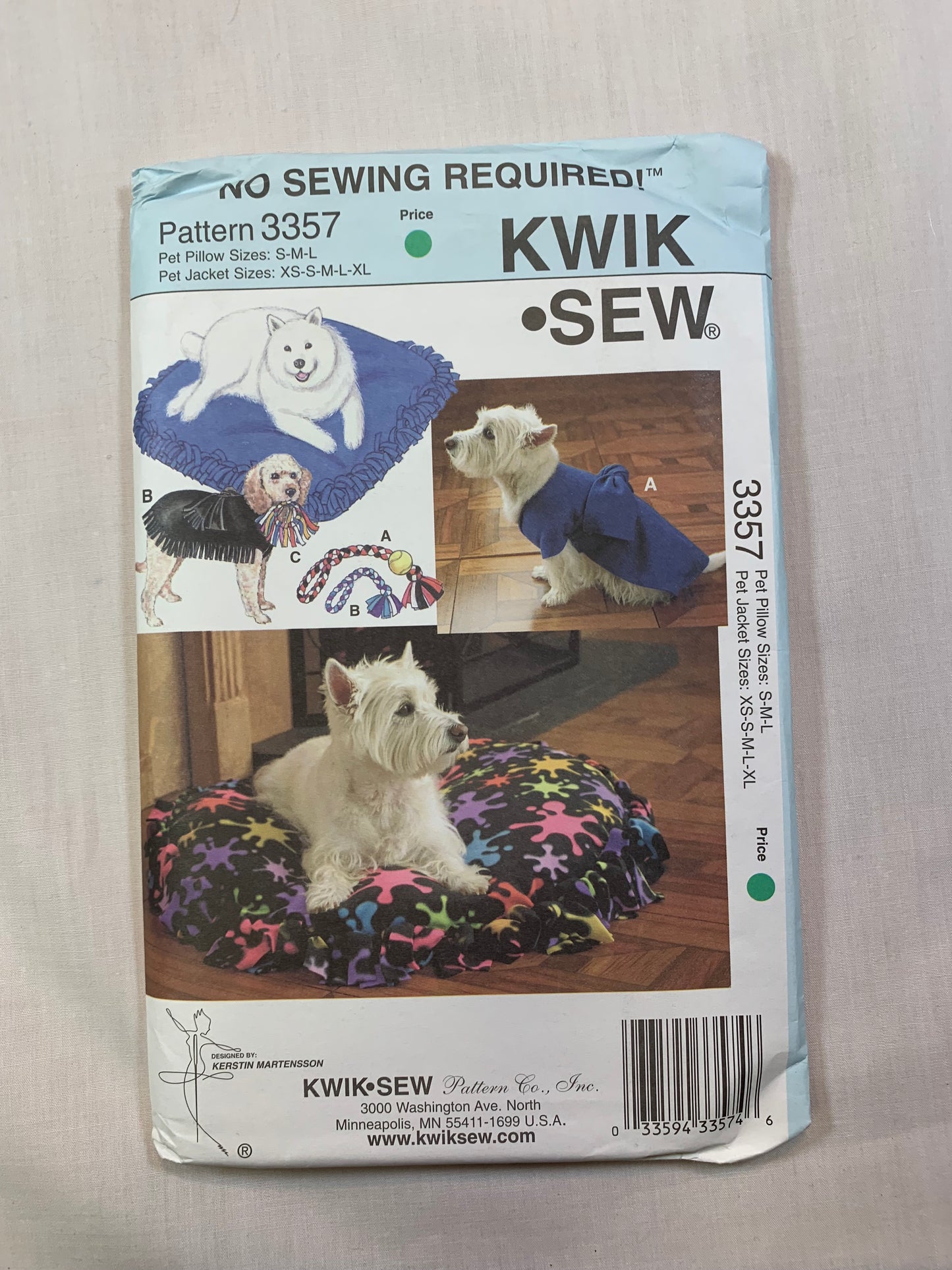 Kwik Crafts, Pet Pillows, Jackets, Toys, Size XS-XL, Uncut, 2005