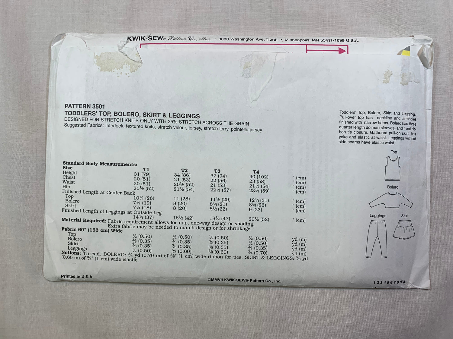 KWIK 3501 Toddlers' Top, Bolero, Skirt, Leggings, Size 1-4, Uncut, 2007