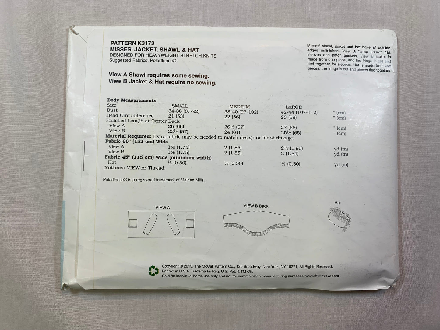 KWIK K3173 Misses' Jacket, Shawl, Hat, Size 34-44, Uncut, 2013