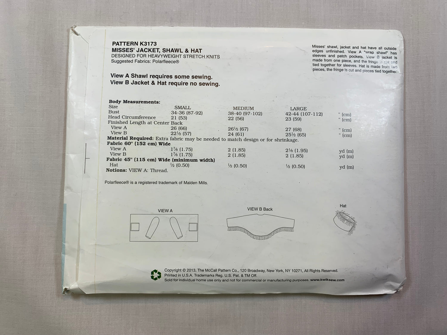 KWIK K3173 Misses' Jacket, Shawl, Hat, Size 34-44, Uncut, 2013