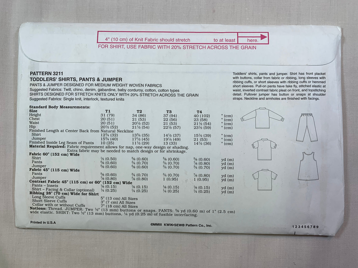 KWIK 3211 Toddlers' Boys' Girls' Top, Pants, Jumper, Size 1-4, Uncut, 2003
