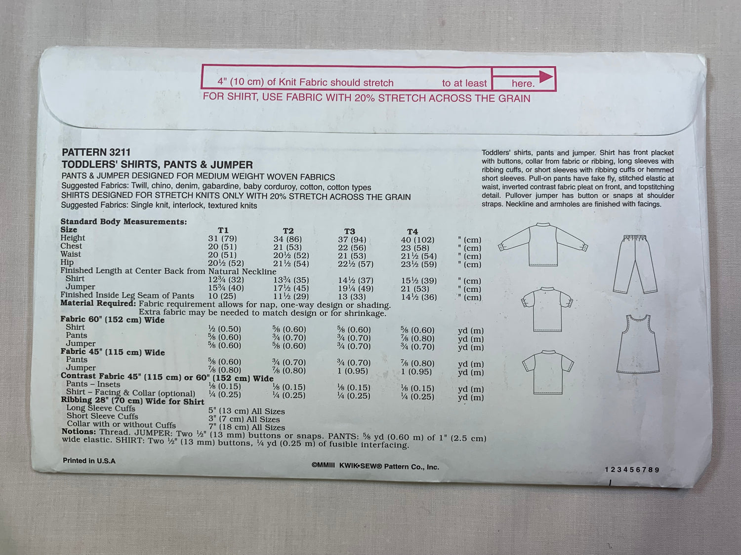 KWIK 3211 Toddlers' Boys' Girls' Top, Pants, Jumper, Size 1-4, Uncut, 2003