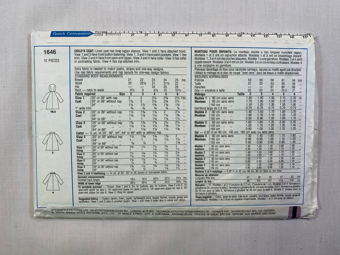 Style Sewing Pattern 1646 Child's/Boys'/Girls' Lined Coat, Hood, Button/Zipper Front, Collar, Pockets, Size 3, Cut, Vintage 1976