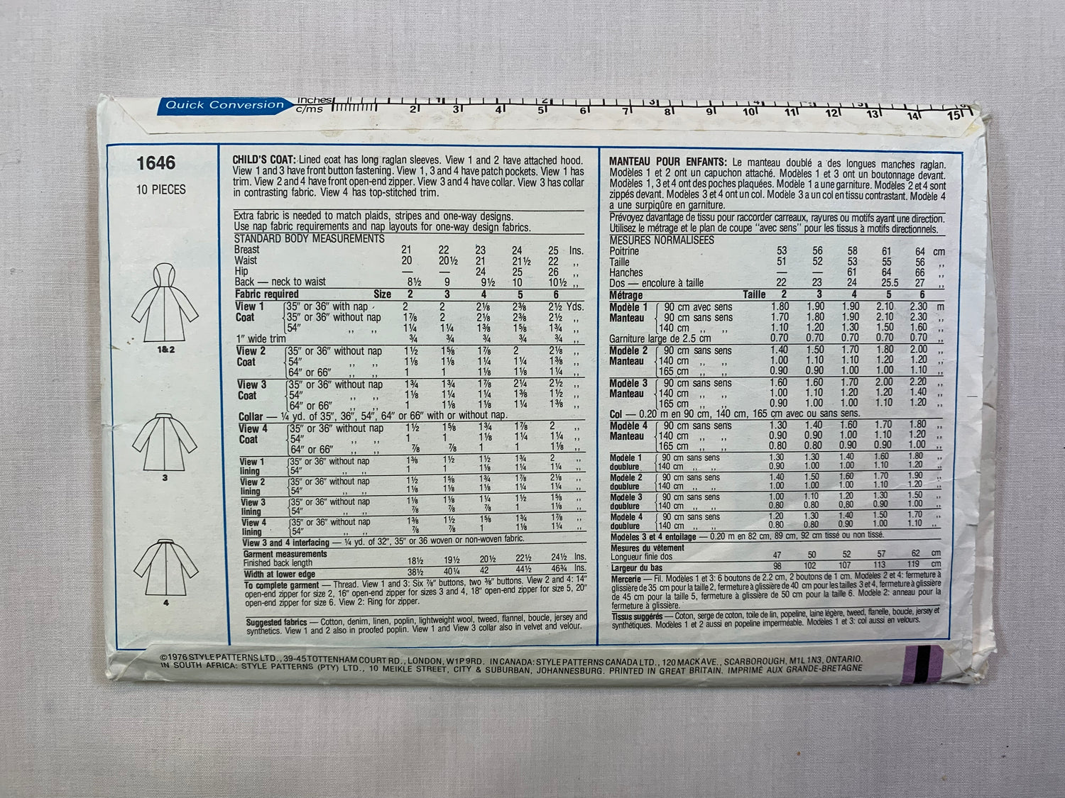 Style Sewing Pattern 1646 Child's/Boys'/Girls' Lined Coat, Hood, Button/Zipper Front, Collar, Pockets, Size 3, Cut, Vintage 1976