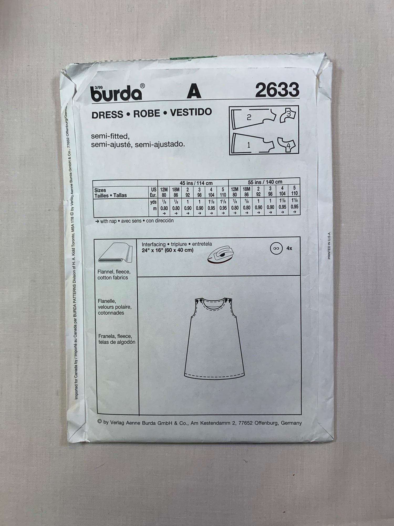Burda Sewing Pattern 2633 Toddlers'/Infant's/Baby Girls' Dress, Semi-Fitted, Sleeveless, Size 12 Mths-5, Uncut, 2017