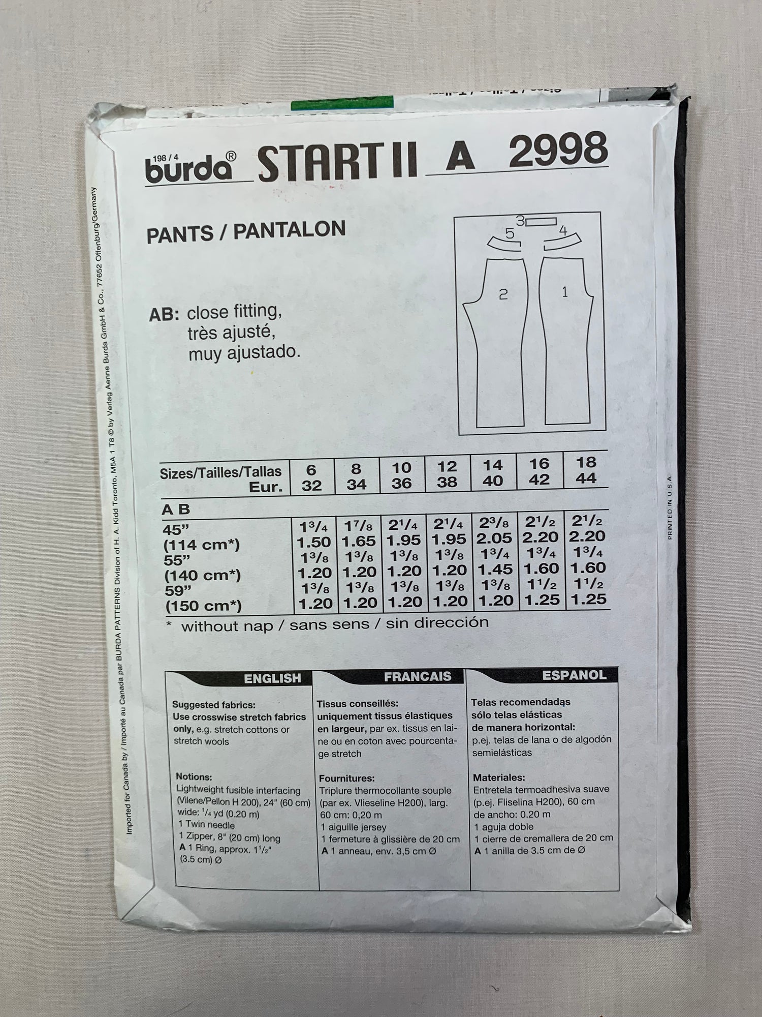 Burda Sewing Pattern 2998 Misses' Pants, Zipper Closing, Close-Fitting, Size 6-18, Cut, 2017