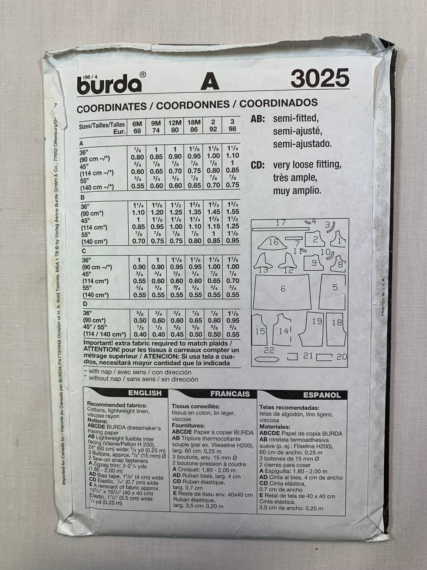 Burda Sewing Pattern 3025 Toddlers' Infant's/Baby/Girls' Dress, Top, Shorts, Short Sleeves, Button Back, Size 6 Mths-3, Uncut, 2017
