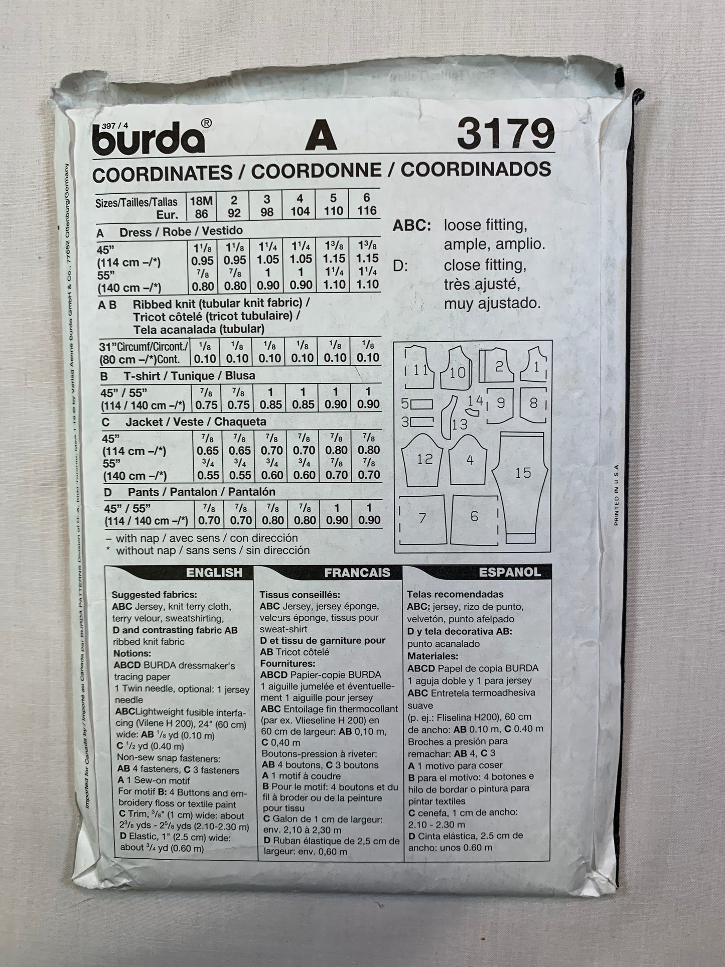 Burda Sewing Pattern 3179 Toddlers'/Infant's/Baby Girls' Dress, Top, Pants, Jacket, Long Sleeves, Elastic Waist, Size 18 Mths-6, Uncut, 2017