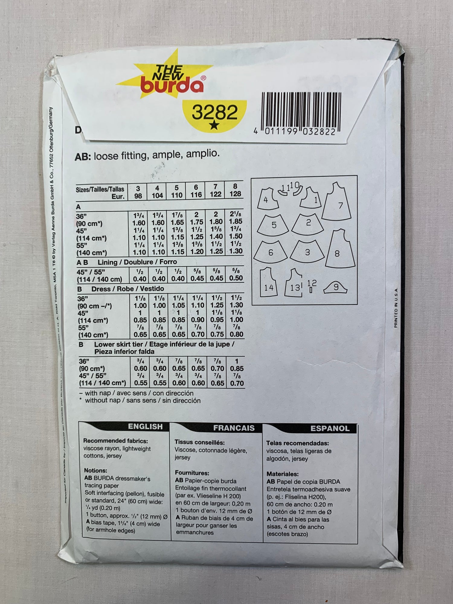Burda Sewing Pattern 3282 Girls' Dress, Loose-Fitting, Sleeveless, Short Sleeves, Pullover, Size 3-8, Cut, 2015