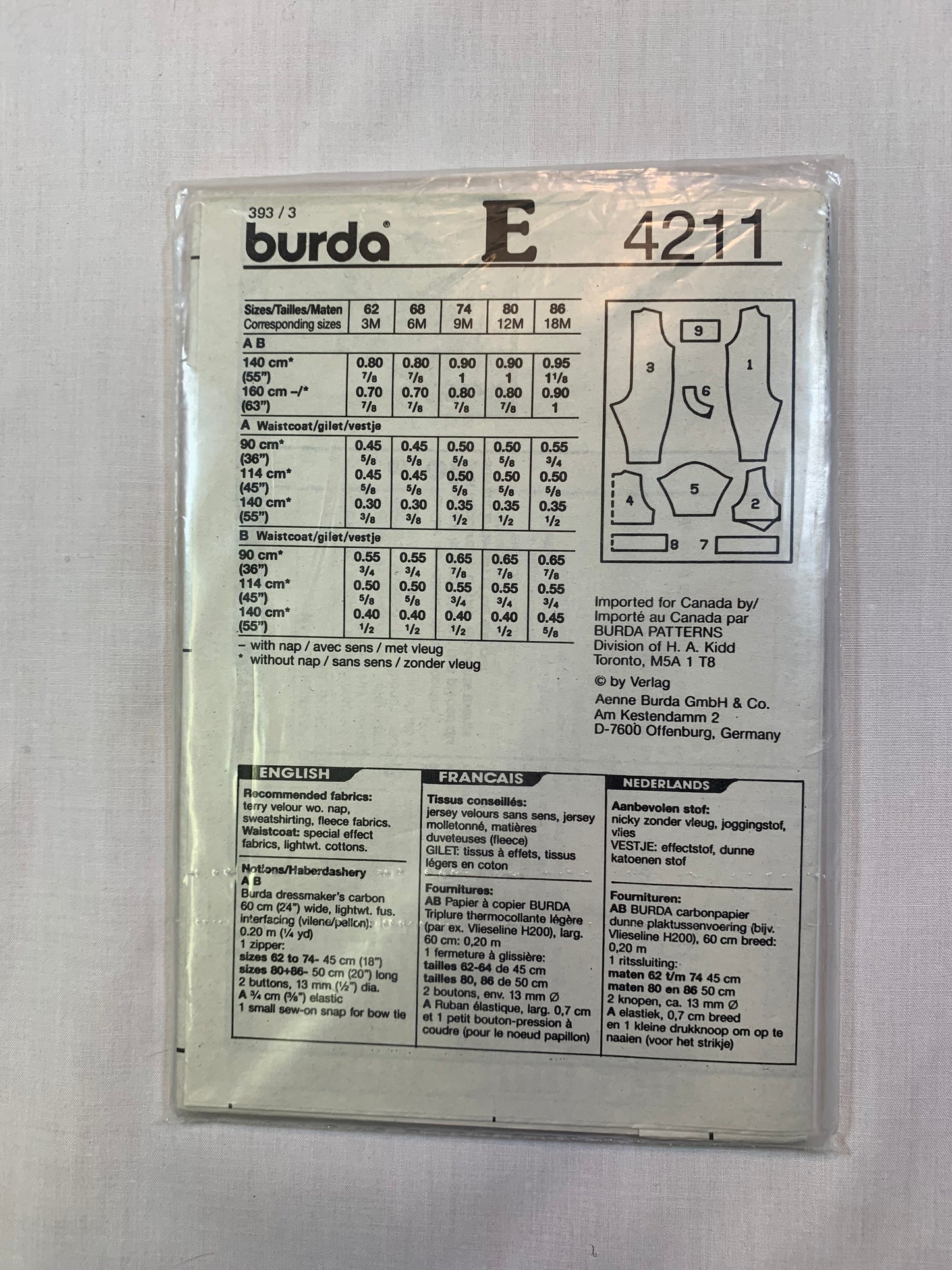 Burda Sewing Pattern 4211 Infant's/Baby Rompers, Long Sleeves, Zipper Front, One-Piece, Size 3-18 Months, Uncut, 2018