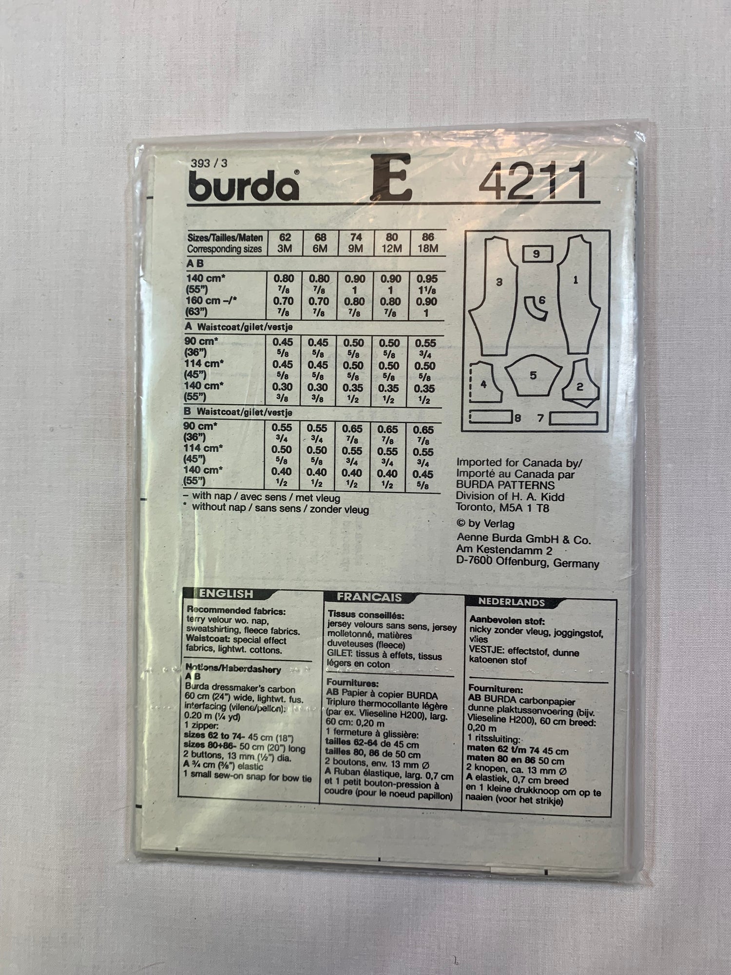 Burda Sewing Pattern 4211 Infant's/Baby Rompers, Long Sleeves, Zipper Front, One-Piece, Size 3-18 Months, Uncut, 2018