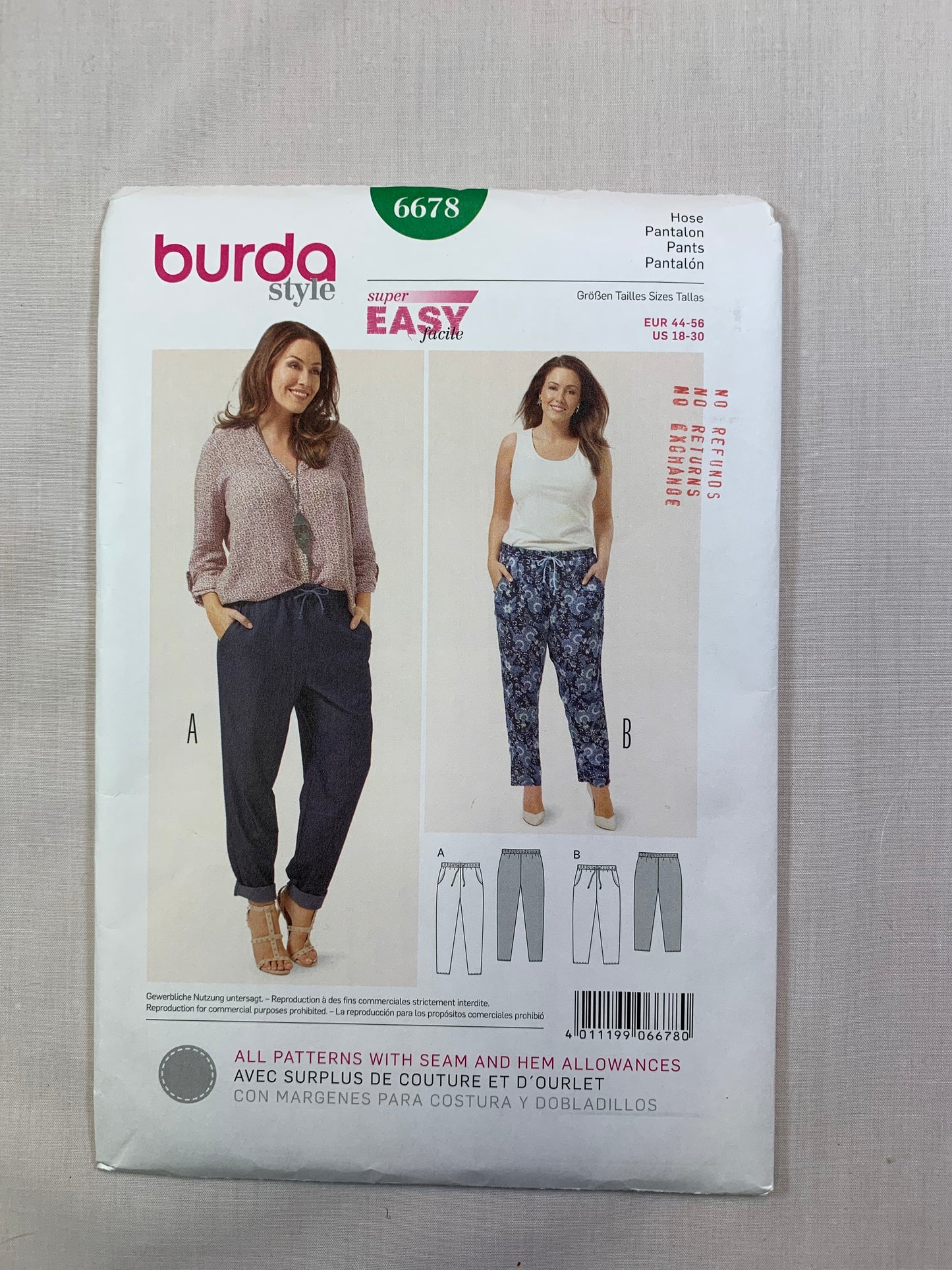 Burda Sewing Pattern 6678 Misses' Pants, Elastic Waist, Drawstring, Two Lengths, 2 Variations, Size 18-30, Uncut, 2016