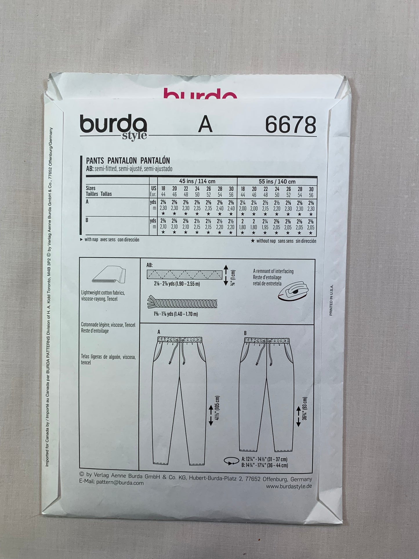 Burda Sewing Pattern 6678 Misses' Pants, Elastic Waist, Drawstring, Two Lengths, 2 Variations, Size 18-30, Uncut, 2016