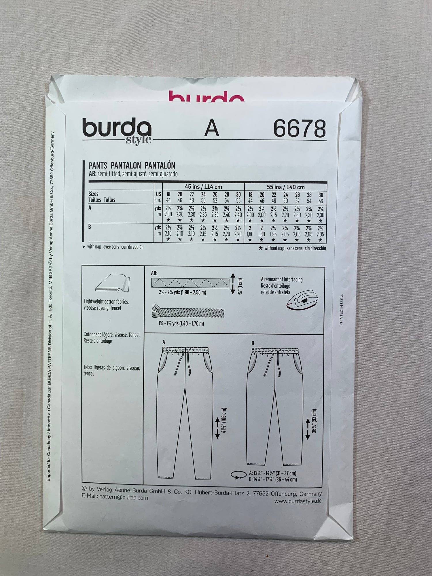 Burda Sewing Pattern 6678 Misses' Pants, Elastic Waist, Drawstring, Two Lengths, 2 Variations, Size 18-30, Uncut, 2016