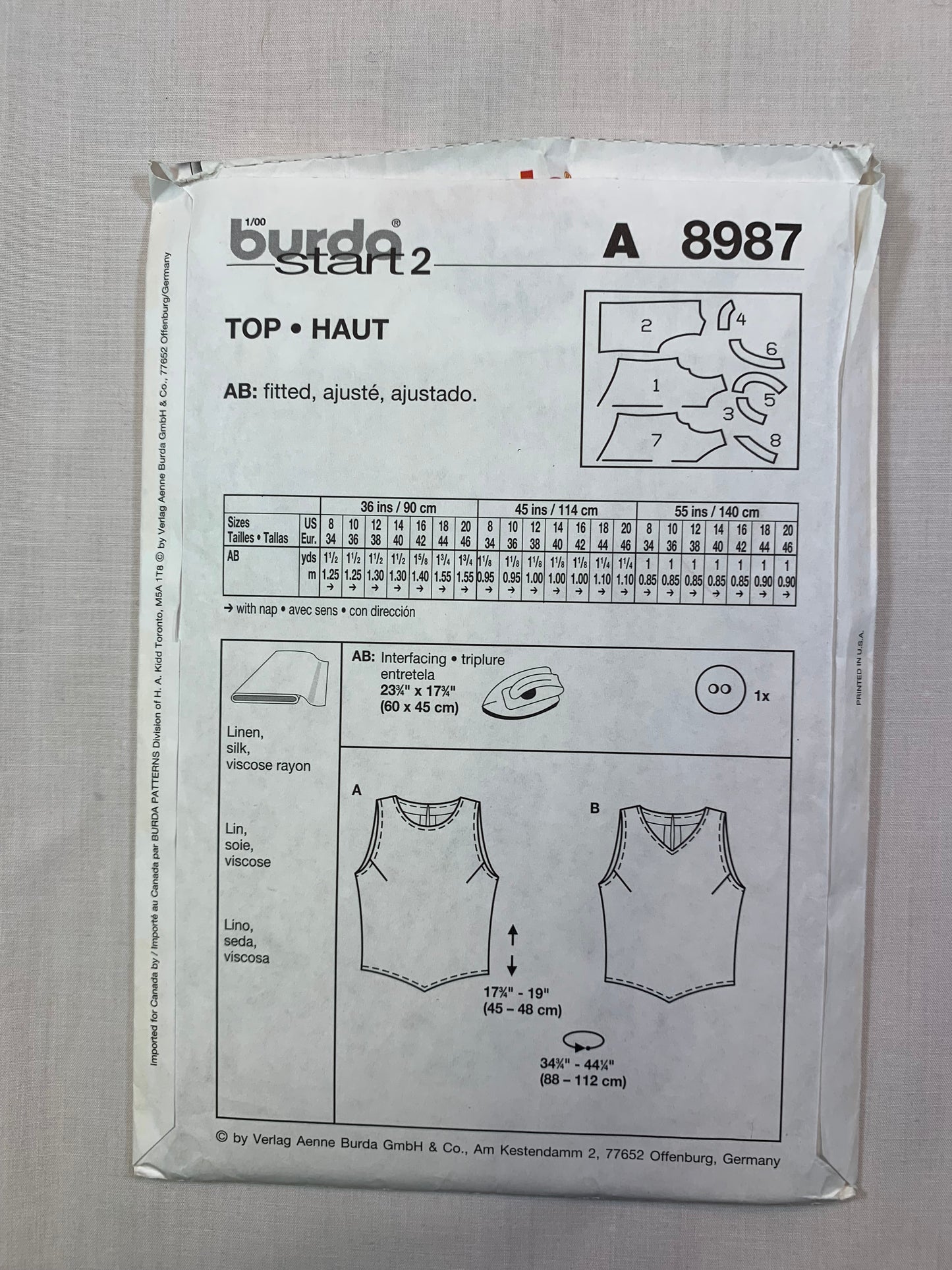 Burda Sewing Pattern 8987 Misses' Shirt, Top, Sleeveless, Darts, Pullover, 2 Variations, Size 8-12, Cut, 2001