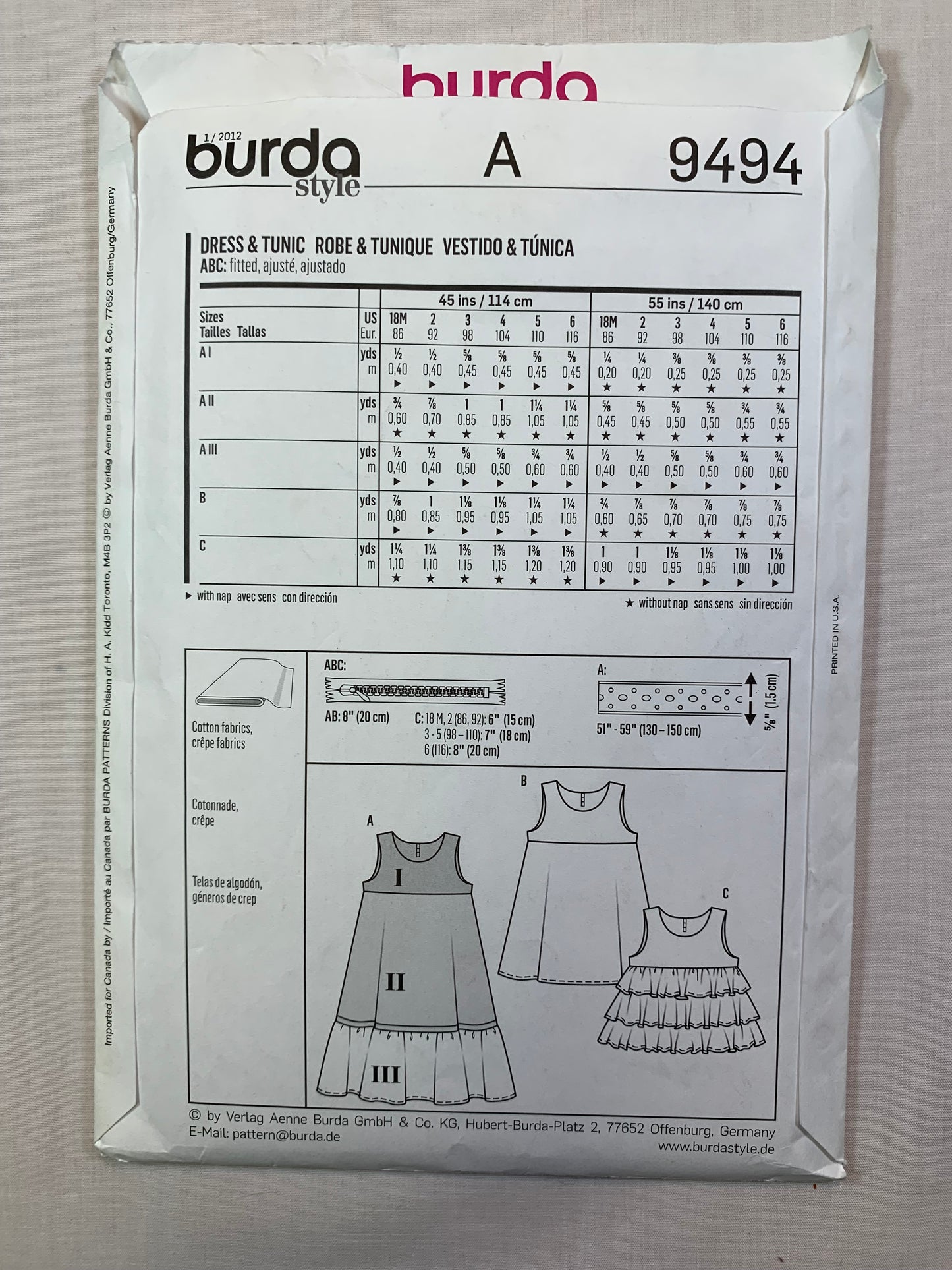 Burda Sewing Pattern 9494 Girls' Dress, Tunic, Frills, Tiers, Sleeveless, Three Lengths, 3 Variations, Size 18M-6, Uncut, 2016