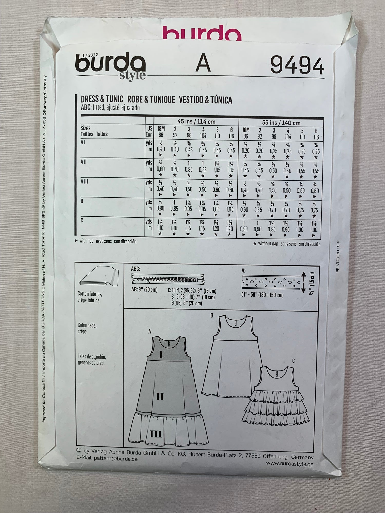Burda Sewing Pattern 9494 Girls' Dress, Tunic, Frills, Tiers, Sleeveless, Three Lengths, 3 Variations, Size 18M-6, Uncut, 2016