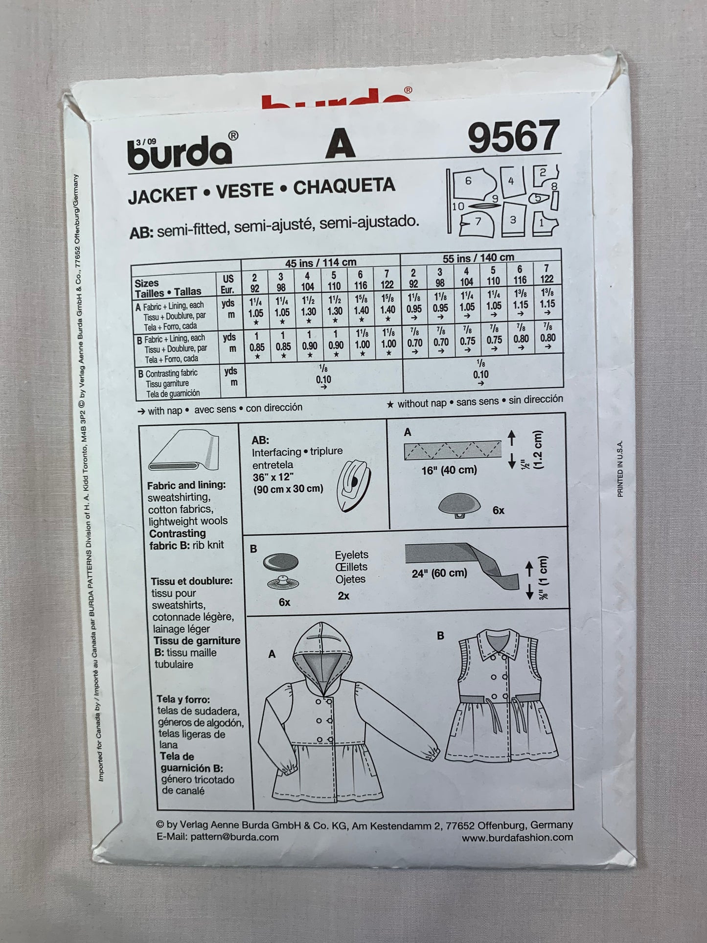 Burda Sewing Pattern 9567 Girls' Jacket, Double Breasted, Button Front, Hood, Sleeveless, Long Sleeves, Size 2-3, Cut, 2015