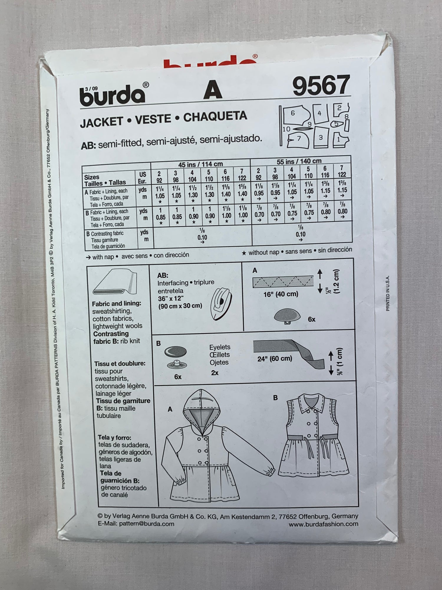 Burda Sewing Pattern 9567 Girls' Jacket, Double Breasted, Button Front, Hood, Sleeveless, Long Sleeves, Size 2-3, Cut, 2015