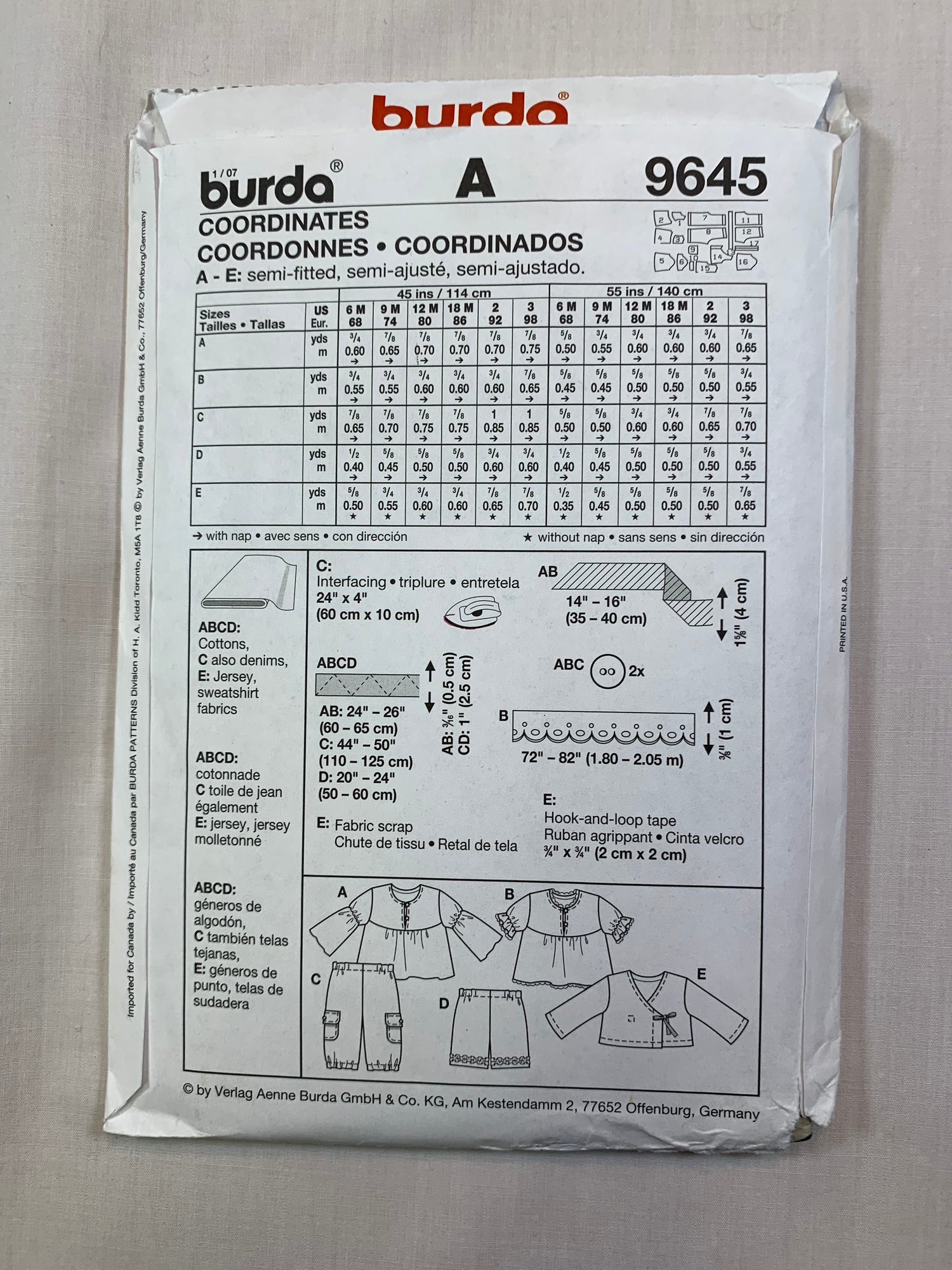Burda 9645 Toddlers' Infant's Baby Girls' Top, Pants, Shorts, Size 6 mths-3, Uncut, 2017