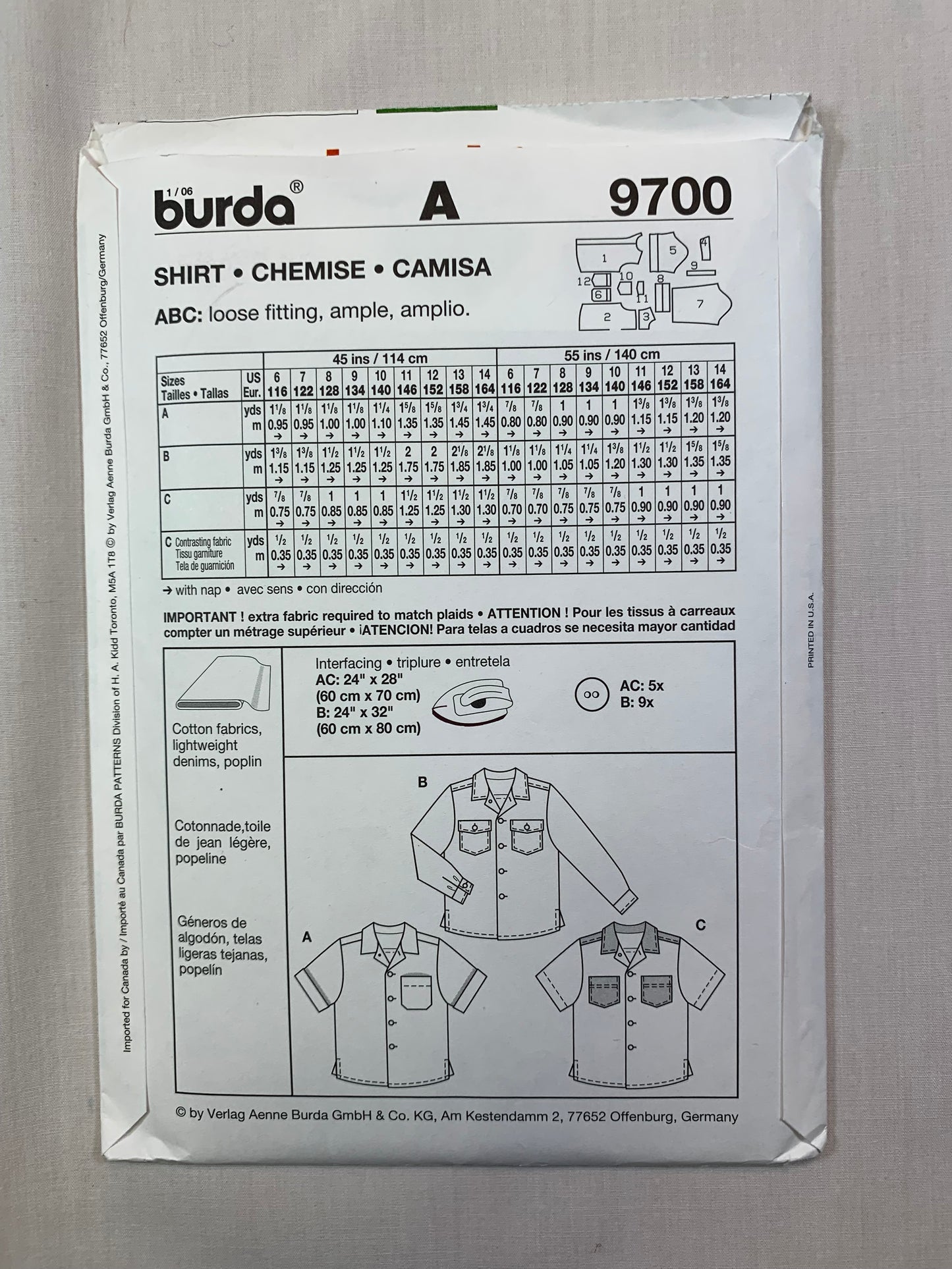 Burda Sewing Pattern 9700 Boy's Shirt, Long/Short Sleeves, Pockets, Collar, Loose-Fitting, Size 6-14, Uncut, 2014