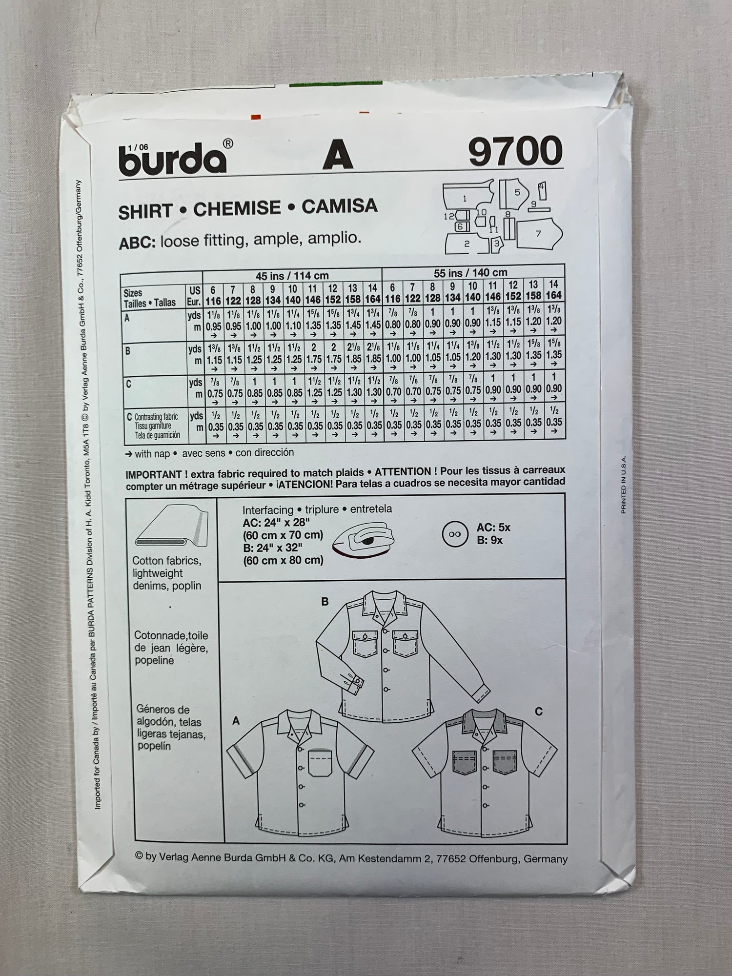 Burda Sewing Pattern 9700 Boy's Shirt, Long/Short Sleeves, Pockets, Collar, Loose-Fitting, Size 6-14, Uncut, 2014