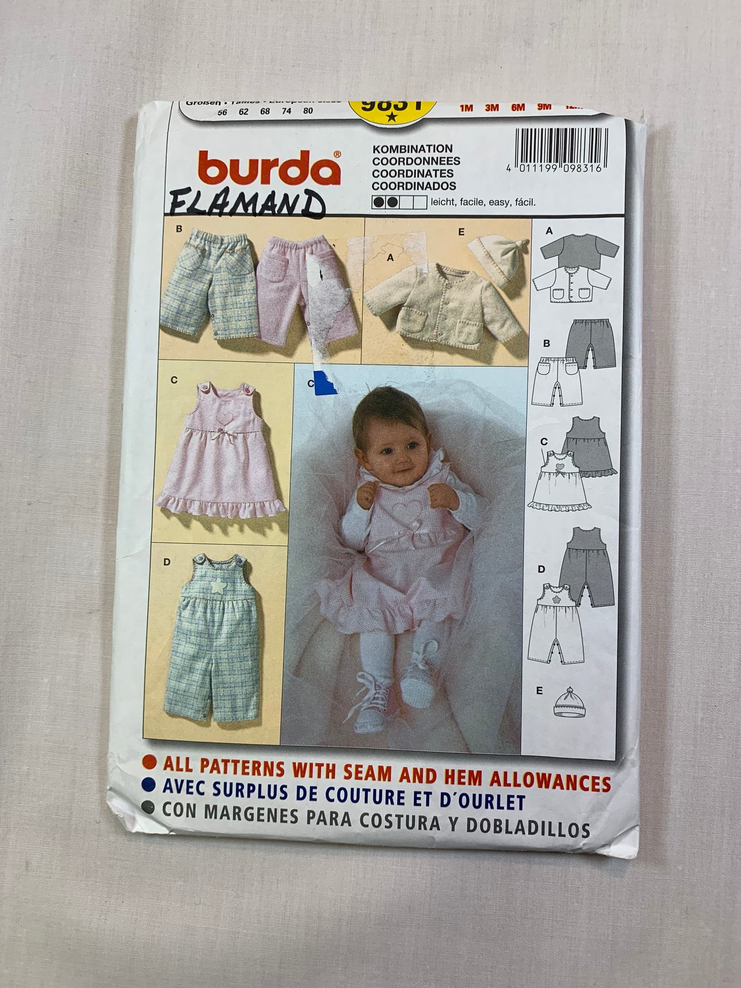 Burda Sewing Pattern 9831 Infant's Baby Rompers, Dress, Jacket, Top, Pants, Hats, Size 1-12 Months, Uncut, 2014