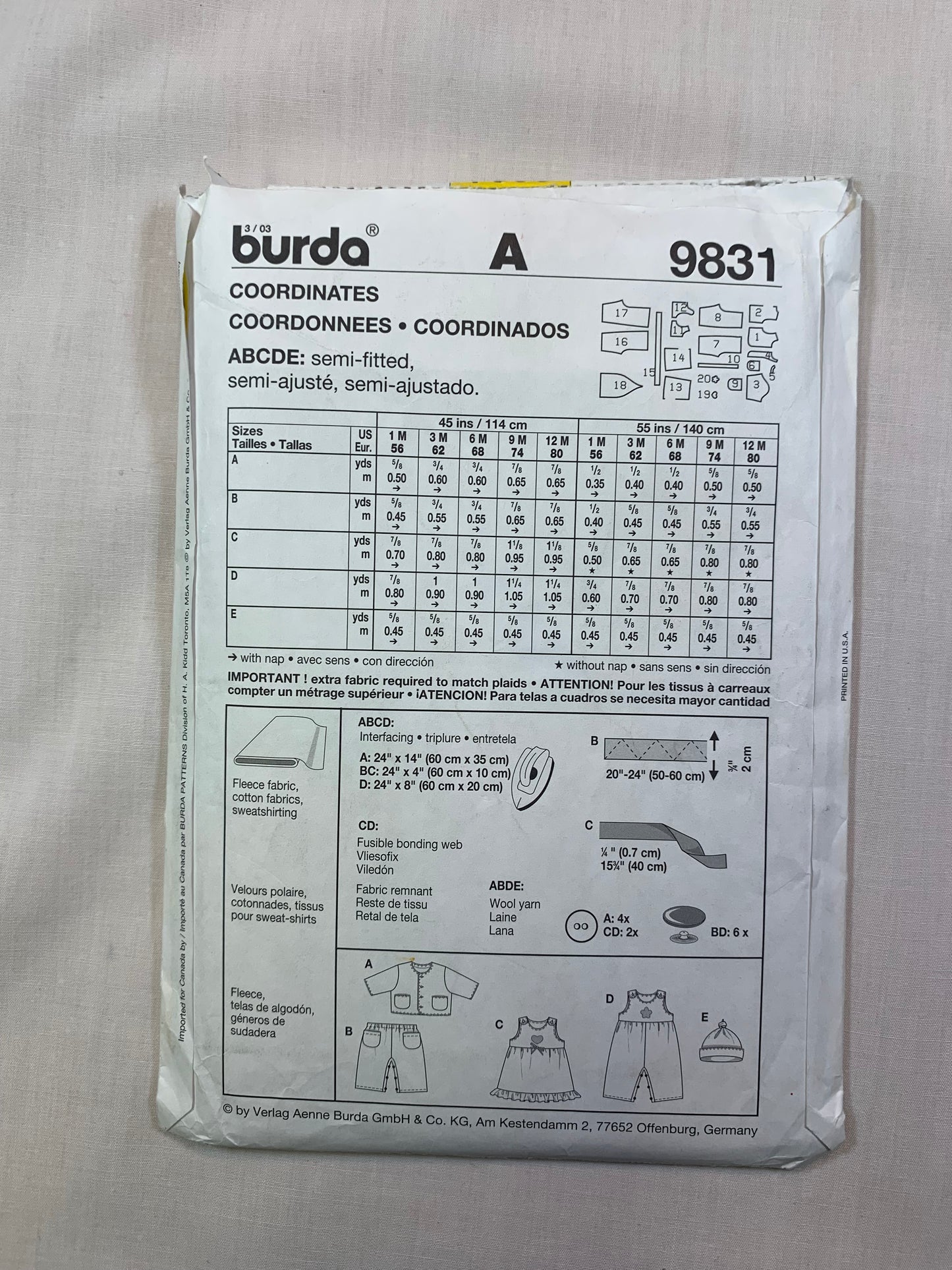 Burda Sewing Pattern 9831 Infant's Baby Rompers, Dress, Jacket, Top, Pants, Hats, Size 1-12 Months, Uncut, 2014