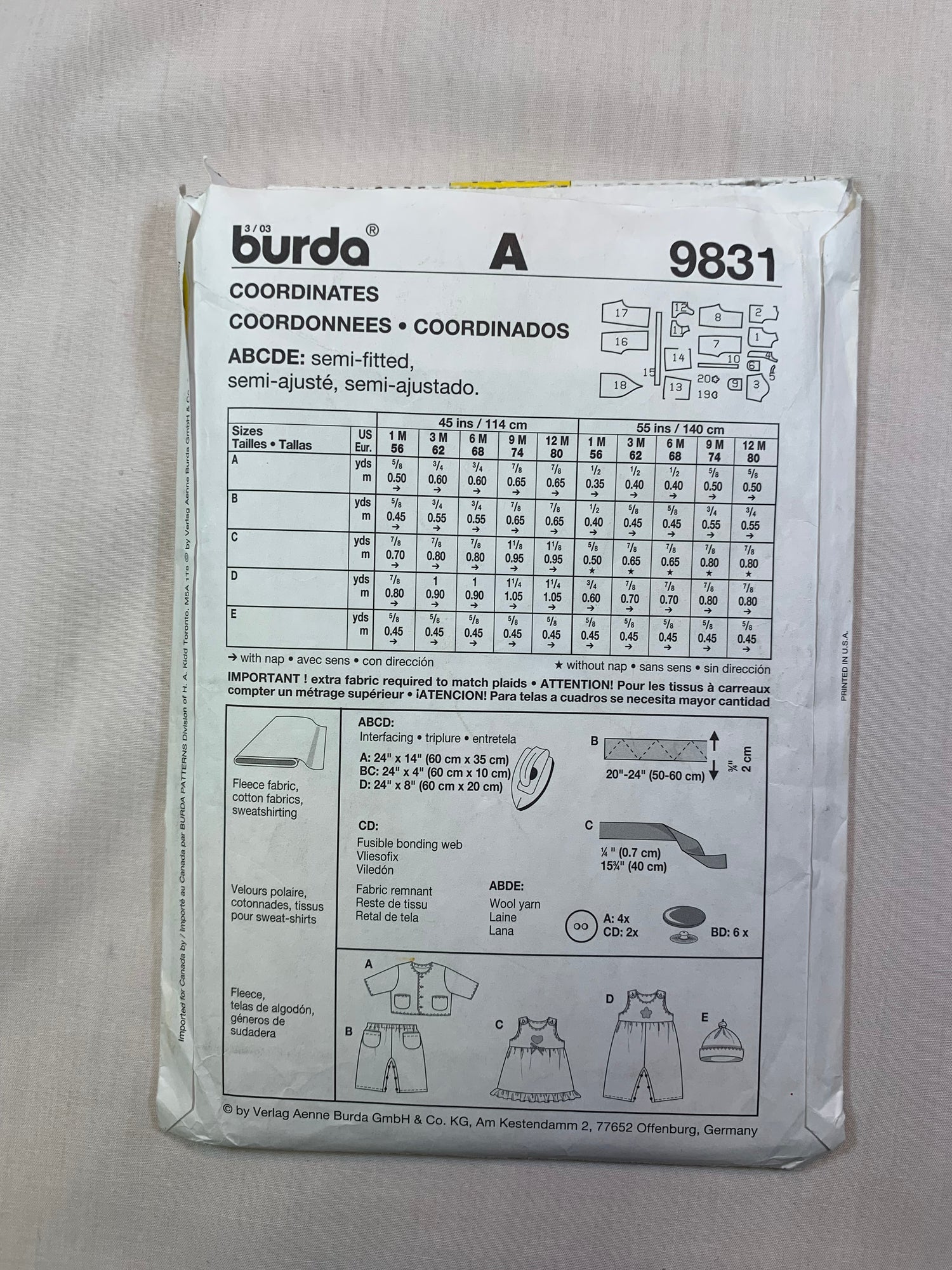 Burda Sewing Pattern 9831 Infant's Baby Rompers, Dress, Jacket, Top, Pants, Hats, Size 1-12 Months, Uncut, 2014