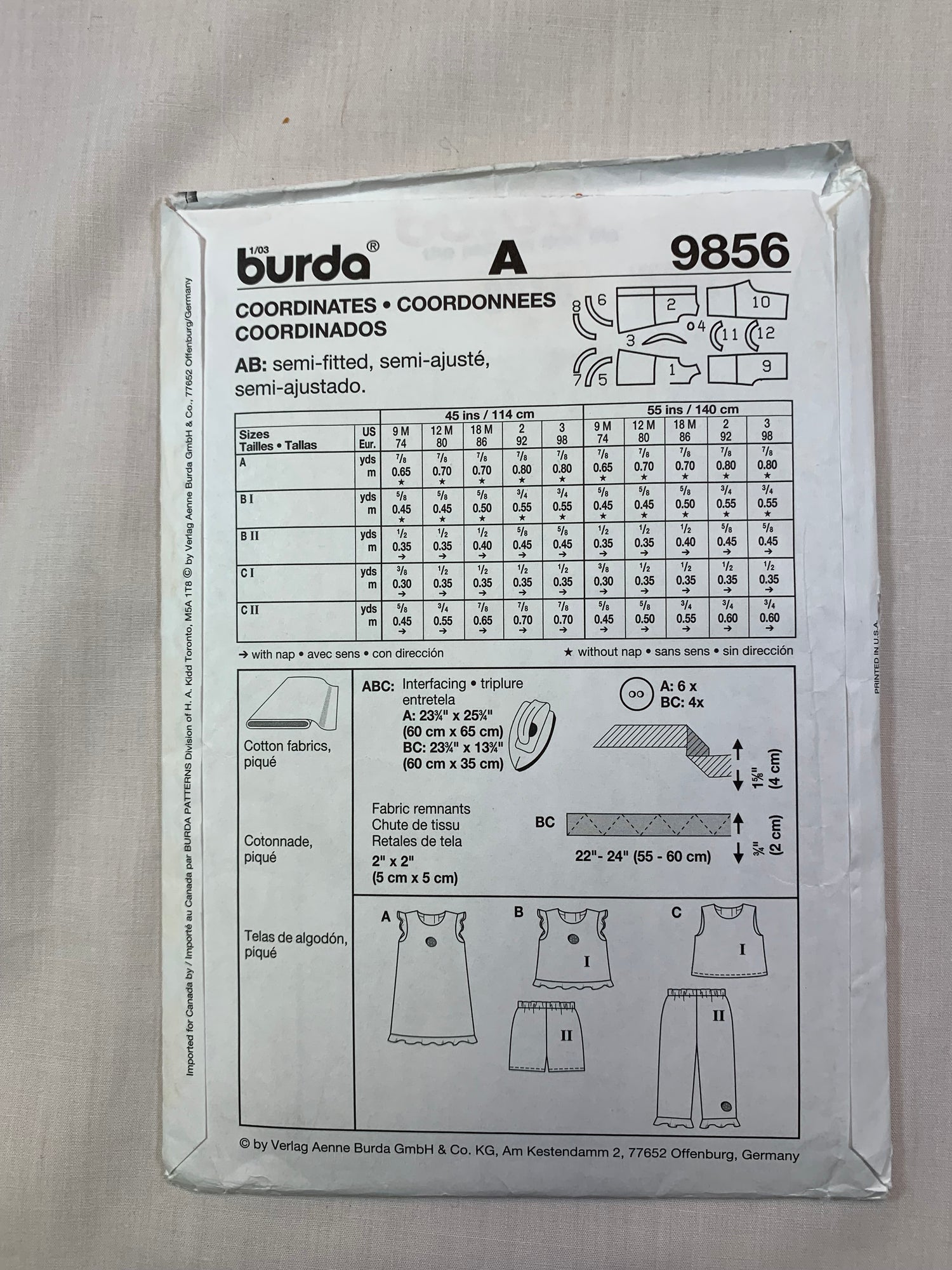 Burda Sewing Pattern 9856 Toddlers' Infant's Baby Girls' Dress, Top, Pants, Size 9 mths-3, Uncut, 2017
