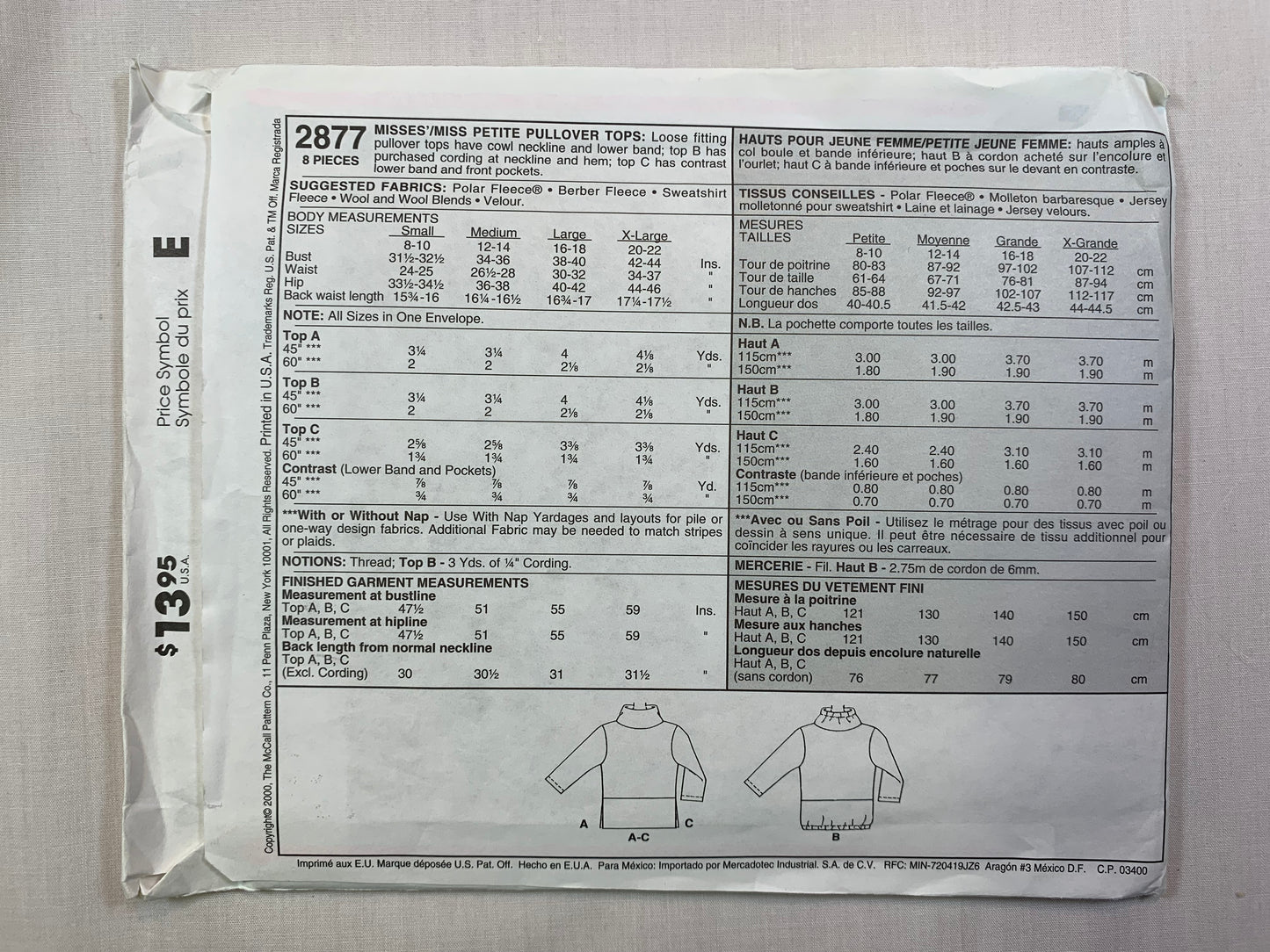 McCall's 2877 Misses'/Miss Petite Tops, Size 8-22, Uncut, 2000