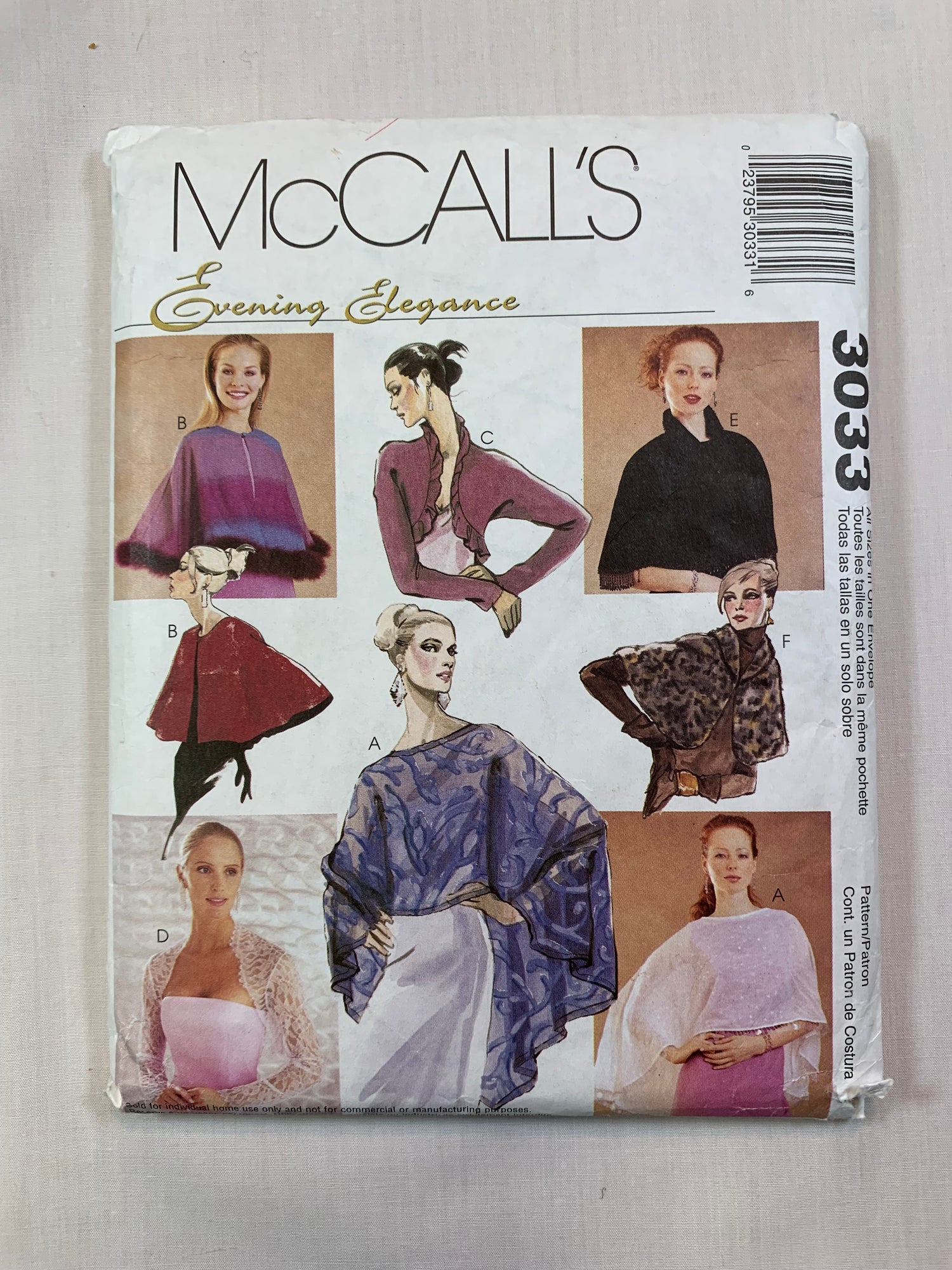 McCall's 3033 Misses' Teens' Fashion Accessories, Cape, Shrug, Capelet, Bolero, Size 4-18, Cut, 2000
