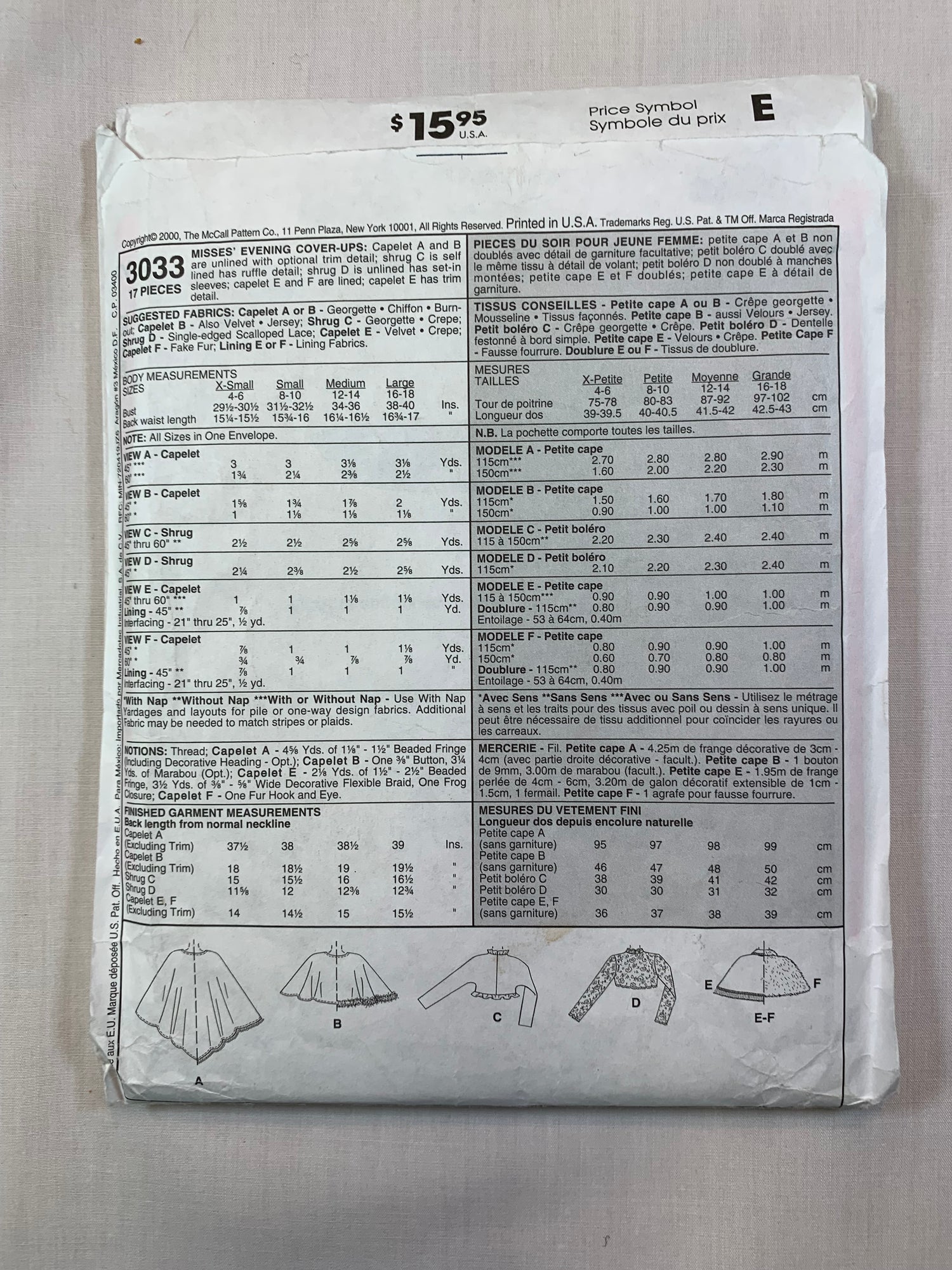 McCall's 3033 Misses' Teens' Fashion Accessories, Cape, Shrug, Capelet, Bolero, Size 4-18, Cut, 2000