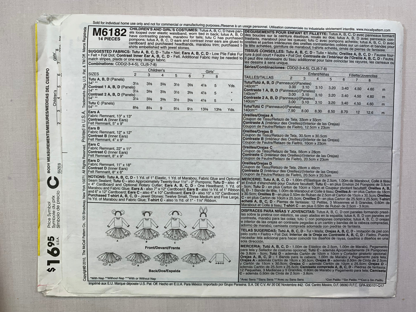 McCall's M6182 Girl's Costumes Mouse, Bunny, Dalmation, Cat, Size 6-8, Cut, 2010