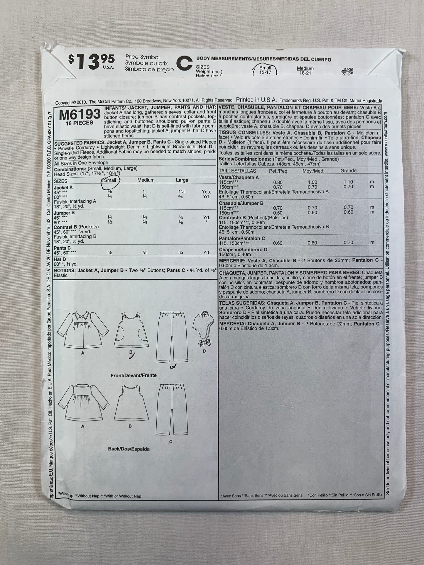 McCall's M6193 Infants' Jacket, Jumper, Pants, Hat, Size S-L, Cut, 2010